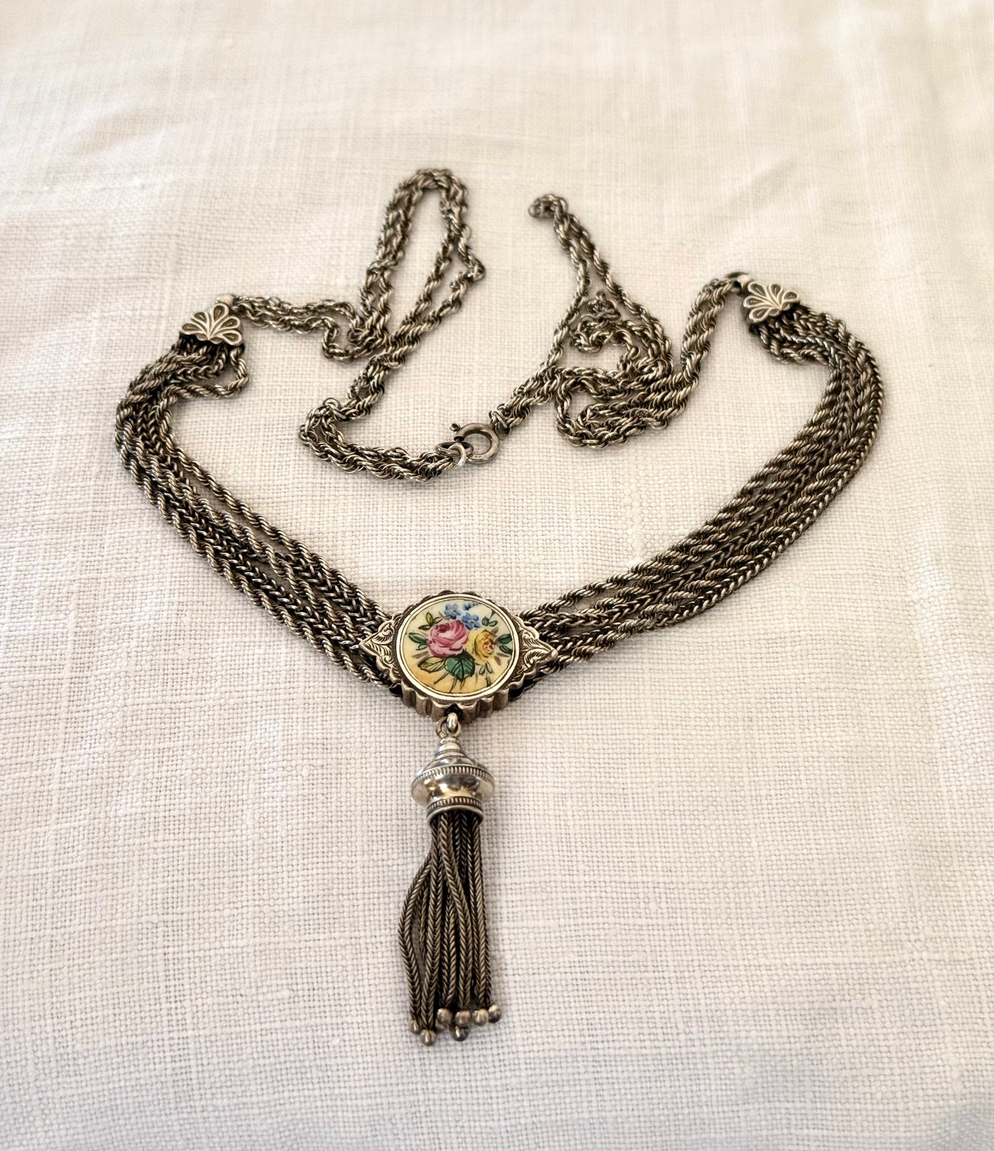.1860s .1890s .925 antique Belle Epoque rare and fancy enamel slider Albertina multi chain necklace