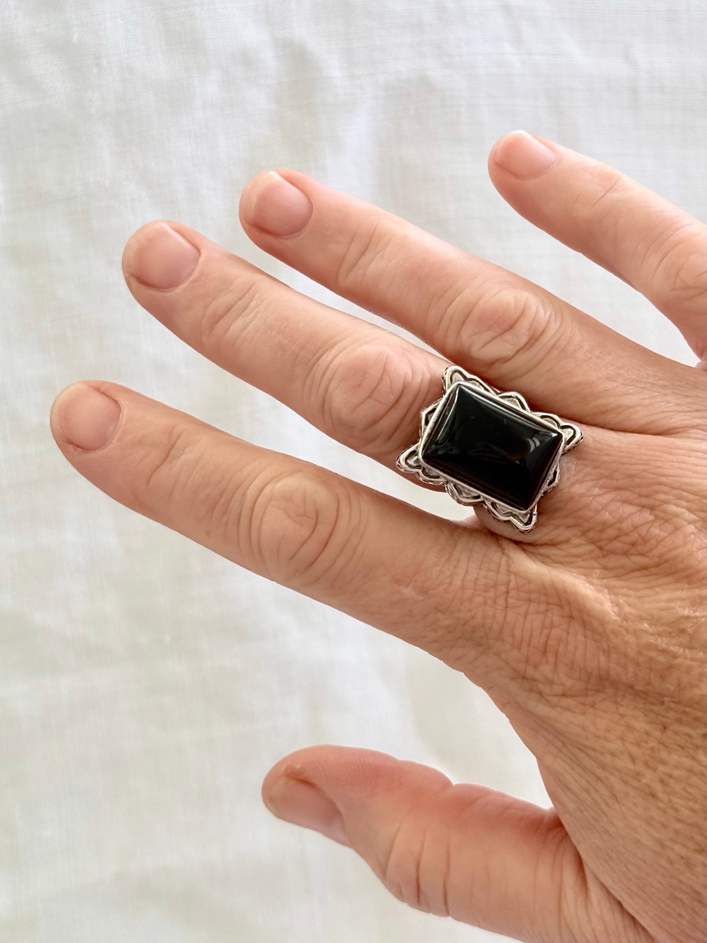 .925 artisan made large black Onyx cushion cut gemstone sterling silver lace cut statement dress cocktail ring
