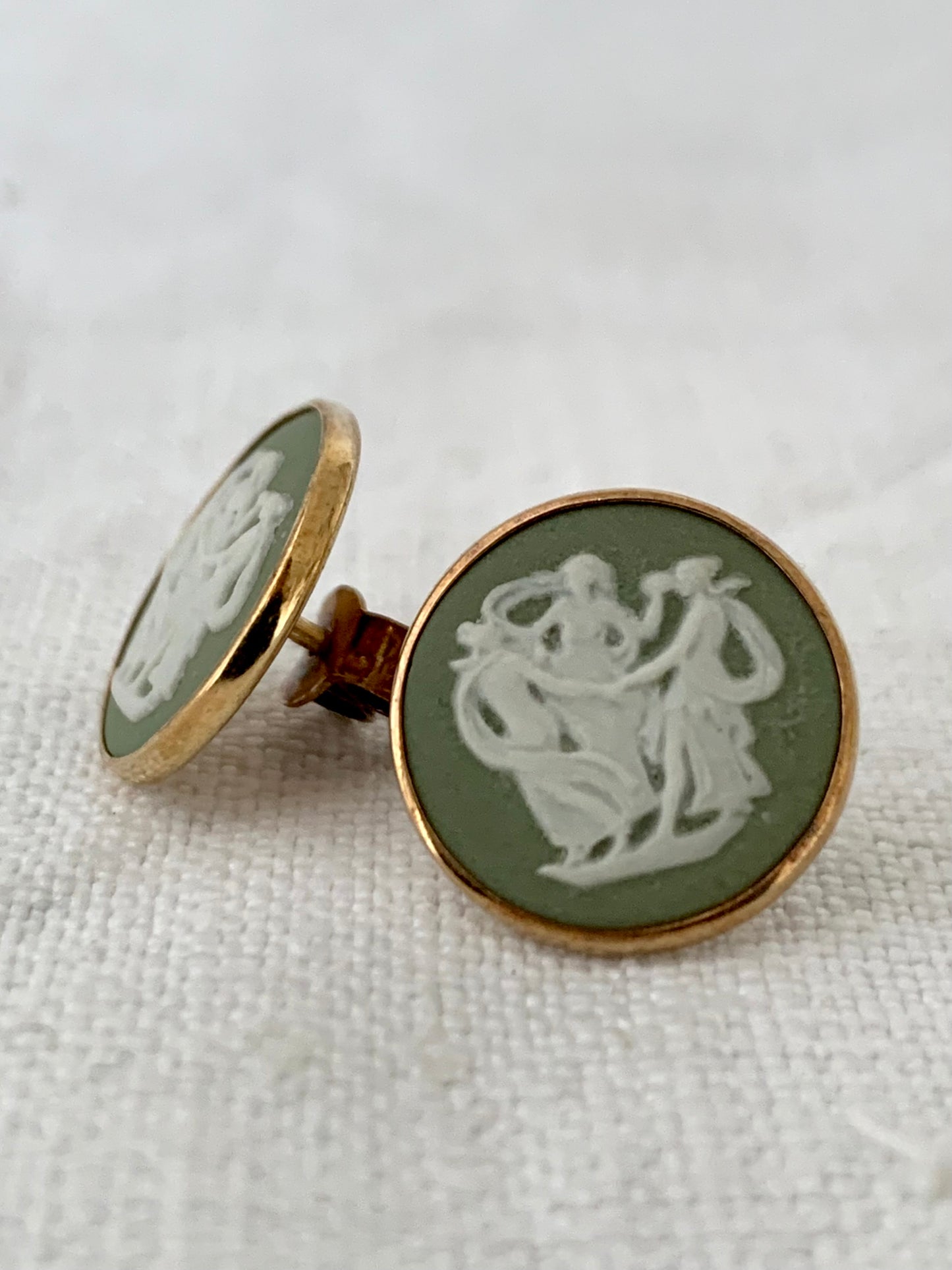 .1970s .375 .9ct gold Wedgwood green Jasperware Three Graces dancing Grecian ladies Cameo ceramic post stud earrings