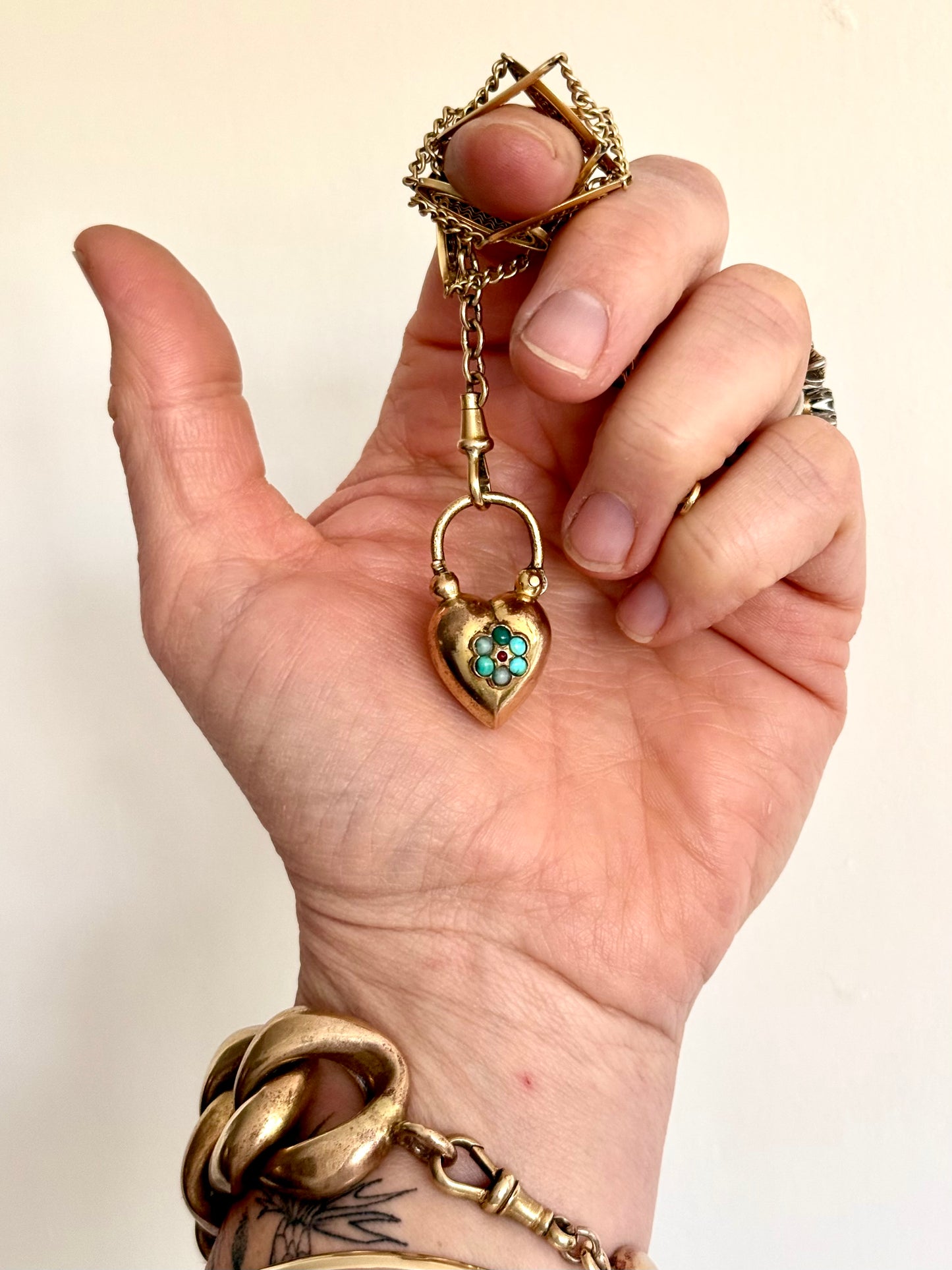 .1800s .1860s antique Georgian to Victorian era collectors heavy Gold fill large puffy heart antique gemstone padlock clasp pendant