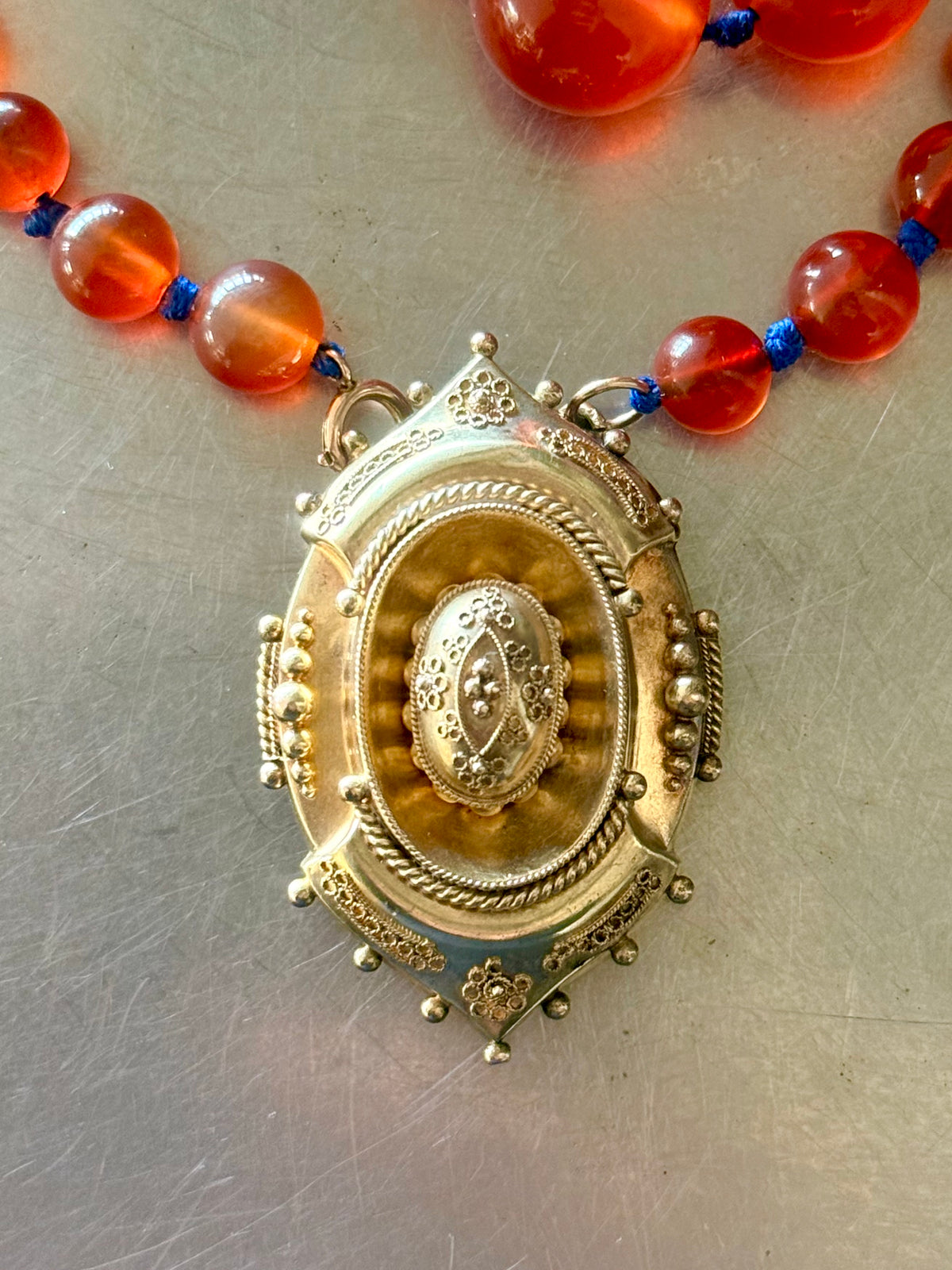 .1800s .375 .9ct gold Antique decorative fine Etruscan revival Victorian ornate gold oval pendant on luxury Carnelian bead graduated gemstone necklace setting