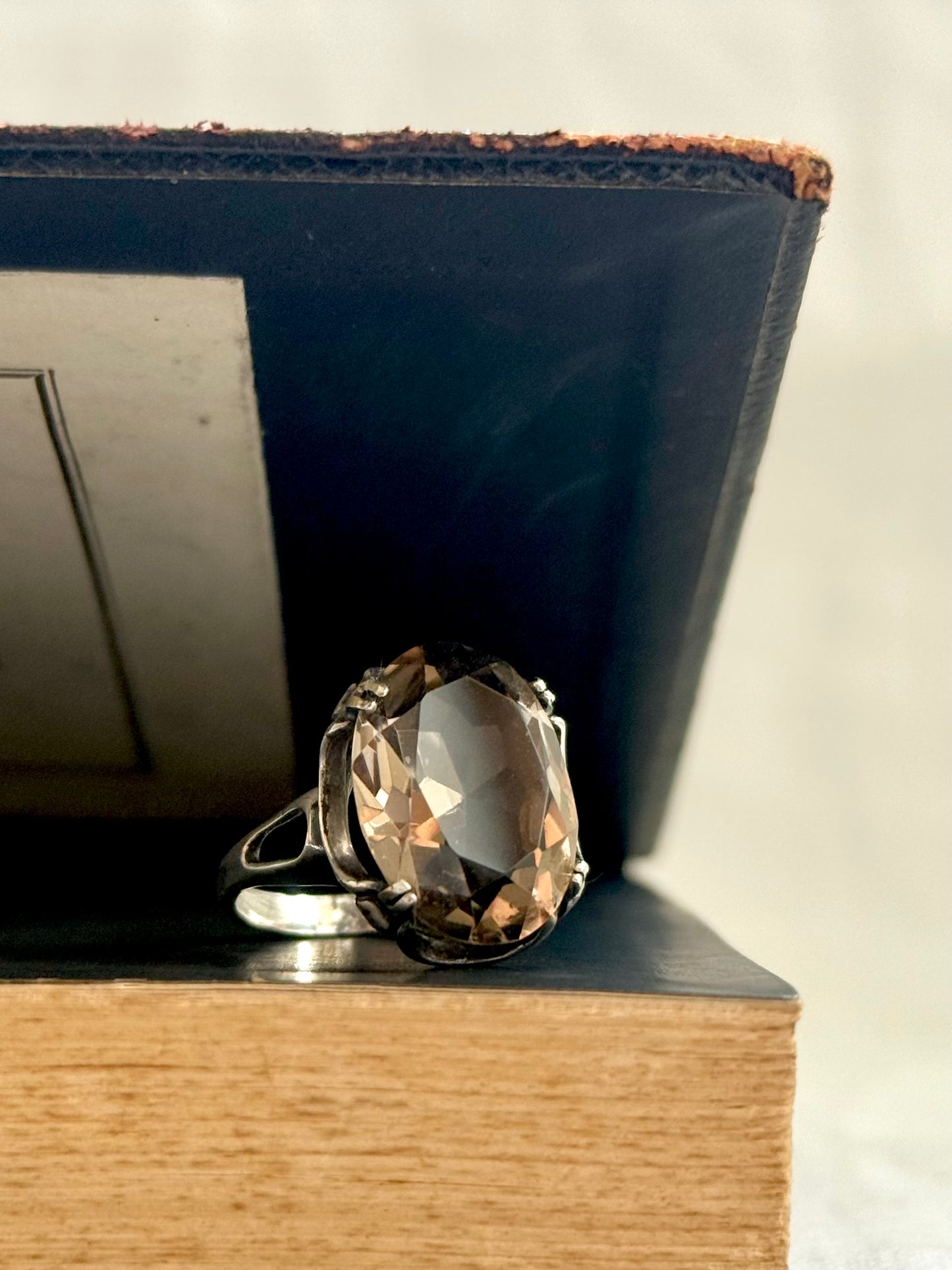 .1960s .925 magnificent large Smoky Quartz gemstone Mid Century Modern grey brown moody faceted gemstone retro Modernist sterling silver cocktail ring