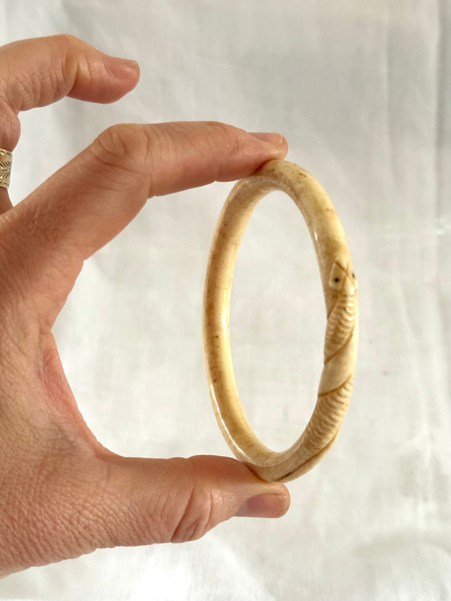 .1900s antique Arts & Crafts snake detailed hand carved pre ban ivory bone Victorian ivory stack bangle