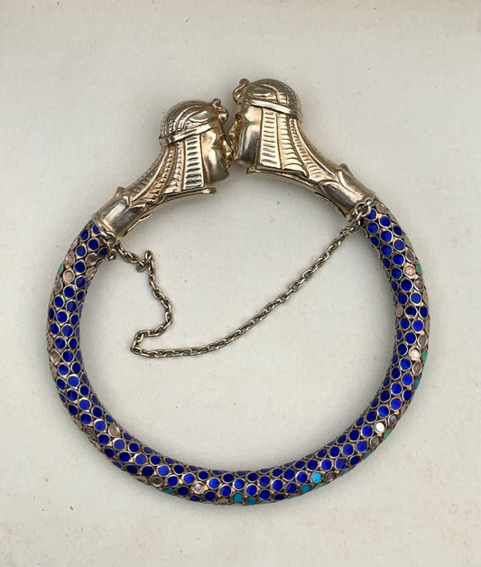 .1920s .935 antique Art Deco rare find Egyptian revival French silver enamel articulated Pharaoh figural heirloom treasure art bangle