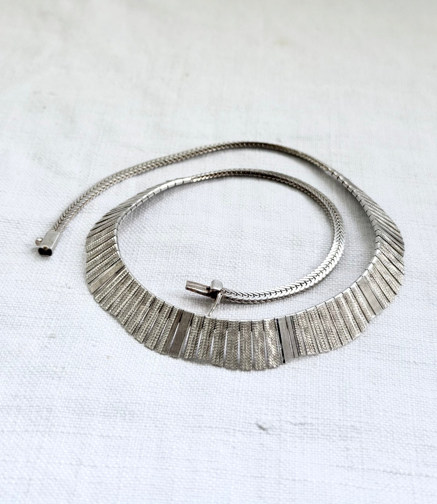 .1960s .1970s .925 Cleopatra Bib styled Scallop form textured form Mid Century Modern bib sterling silver necklace