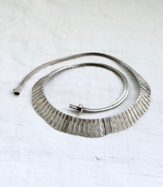 .1960s .1970s .925 Cleopatra Bib styled Scallop form textured form Mid Century Modern bib sterling silver necklace