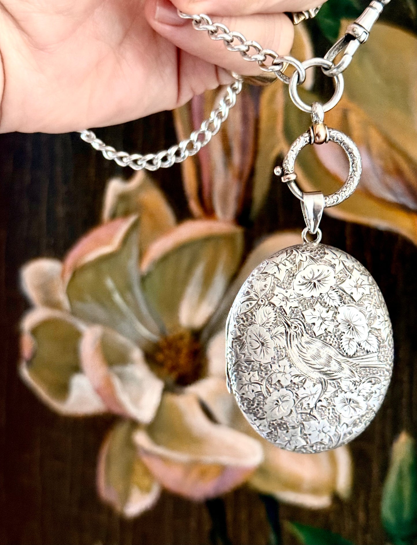 .1880s .1890s .925 large Victorian Aesthetic deep engraved Swallow and floral detailed antique French sterling silver locket