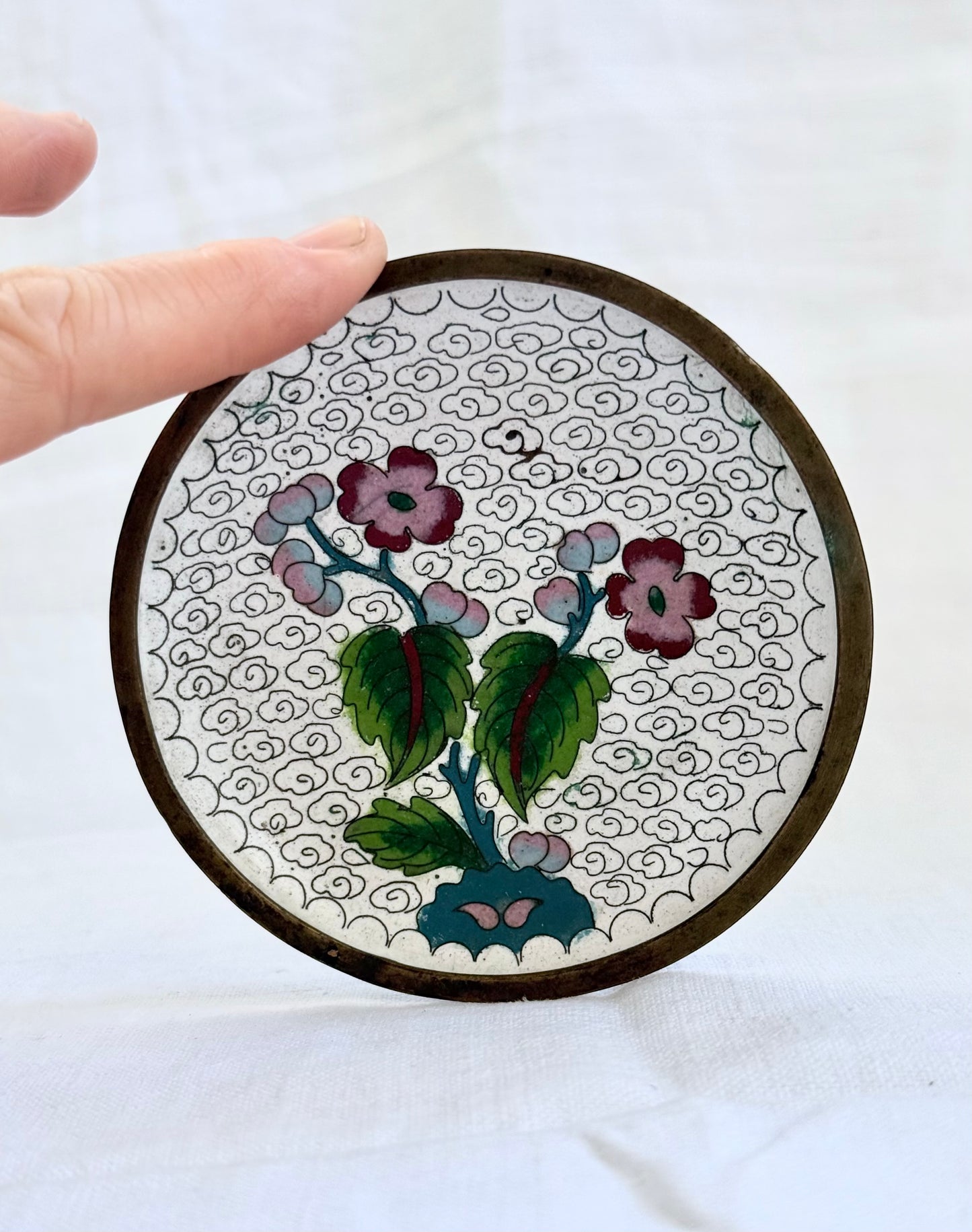 .1940s .1950s .2 plate Chinese Oriental cloisonne enamel plates with antique wooden display stand