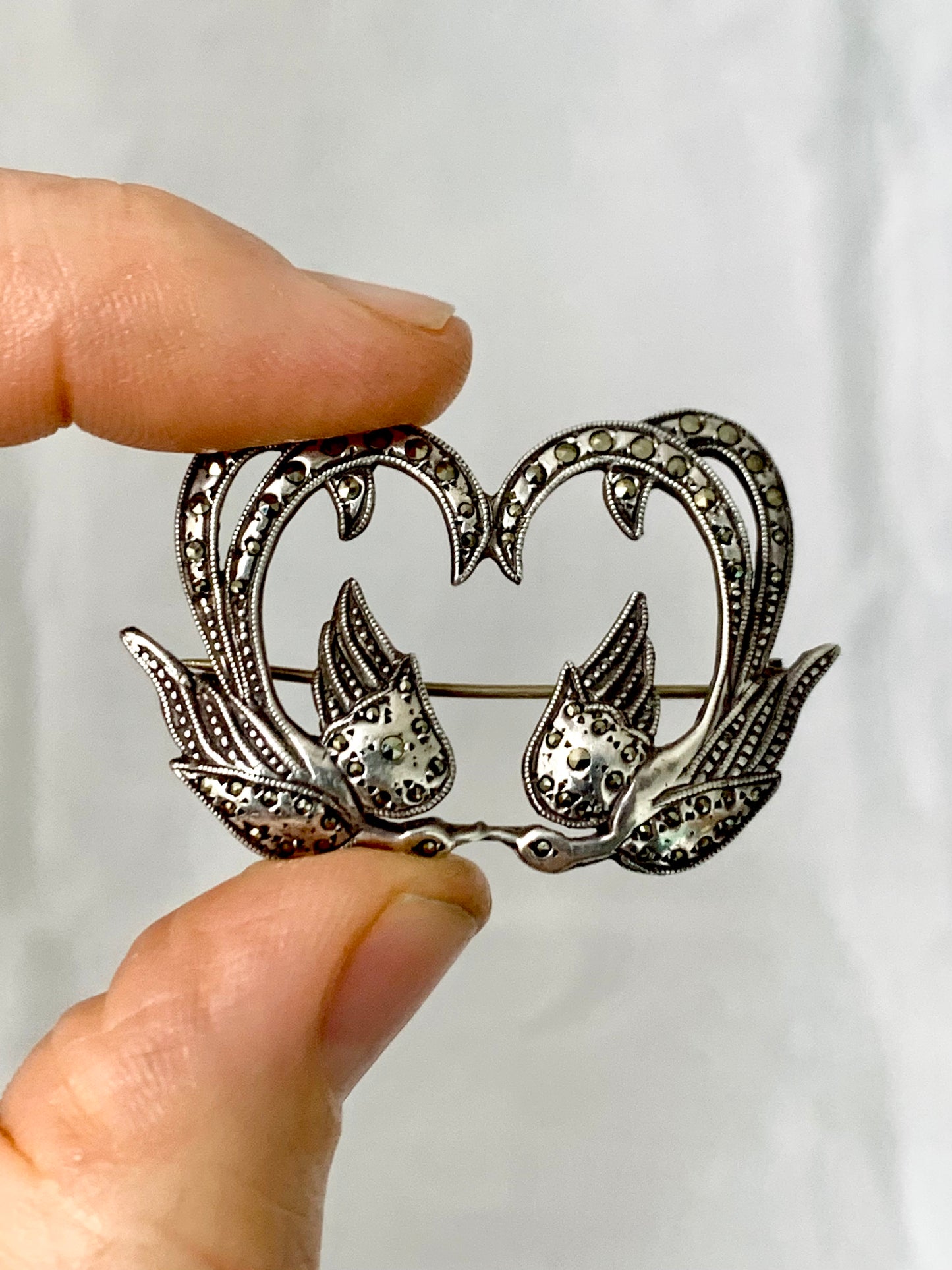 .925 1940s double Swallow marcasite Art Nouveau revival love token sweetheart brooch