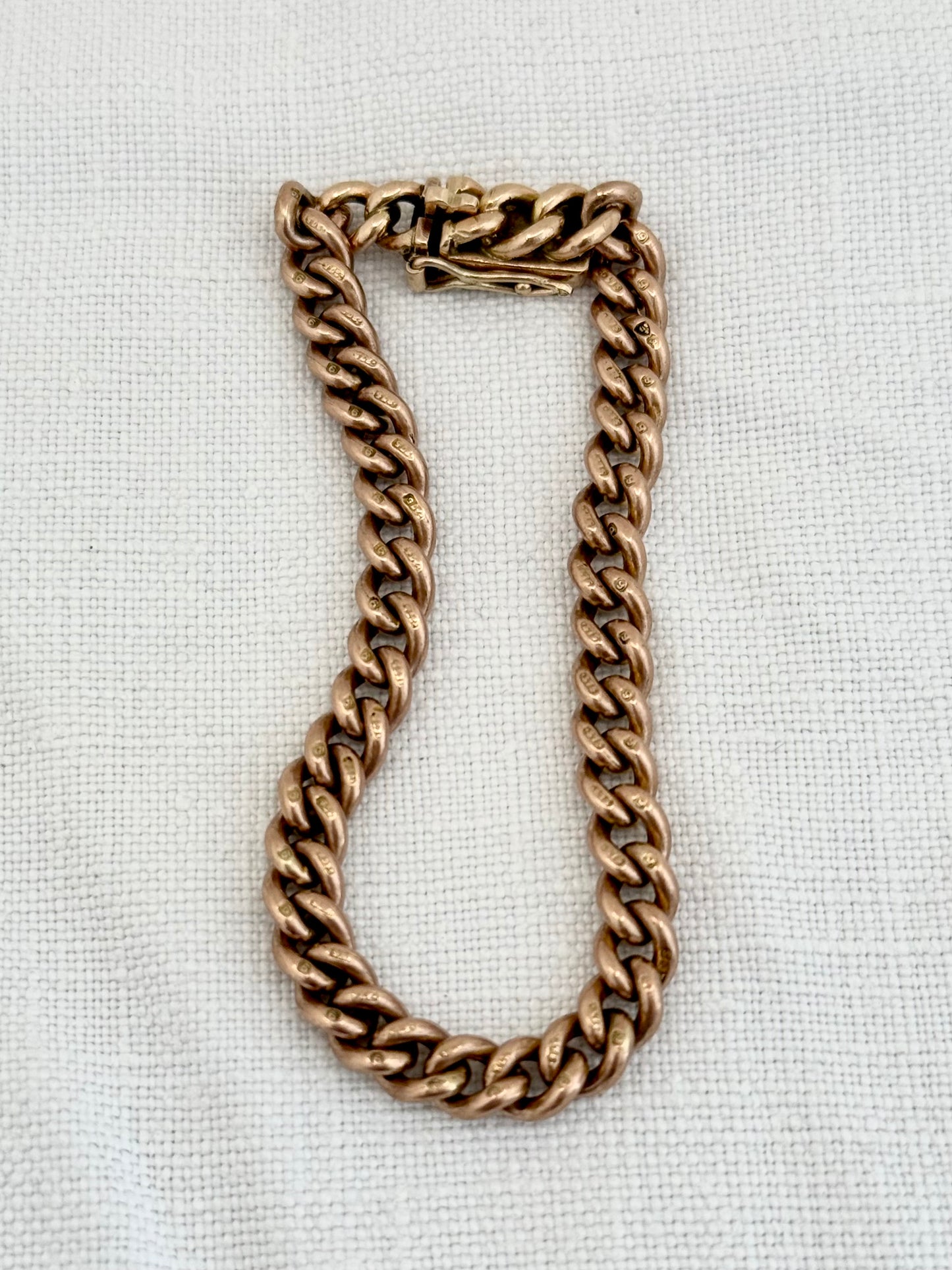 .1900s .375 9ct antique heirloom gold chunky solid weighted warm Rose Gold English 9ct gold hallmarked curb chain fob chain box clasp bracelet