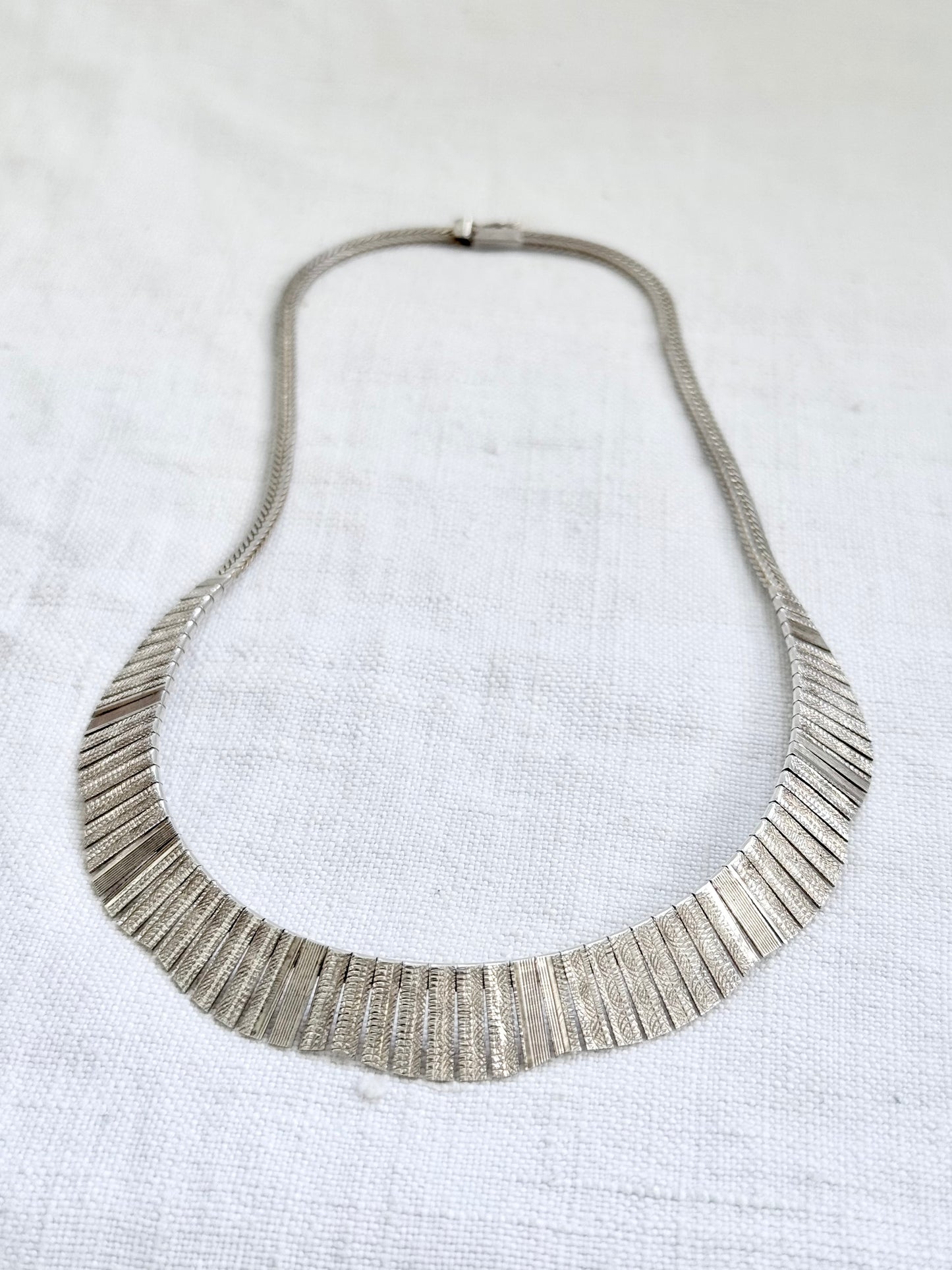 .1960s .1970s .925 Cleopatra Bib styled Scallop form textured form Mid Century Modern bib sterling silver necklace