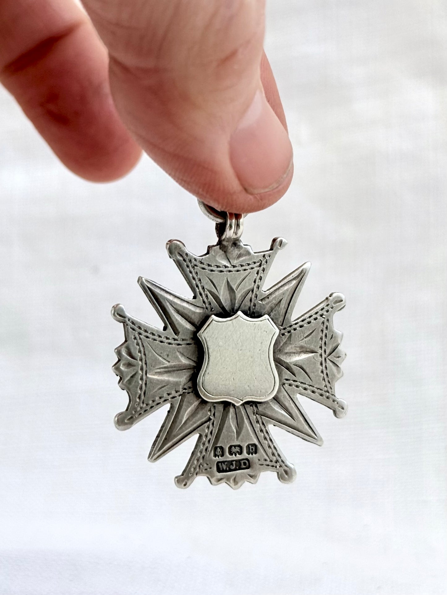 .1901 .925 antique Maltese Cross form Birmingham hallmarked English solid silver hand engraved fob medallion pendant