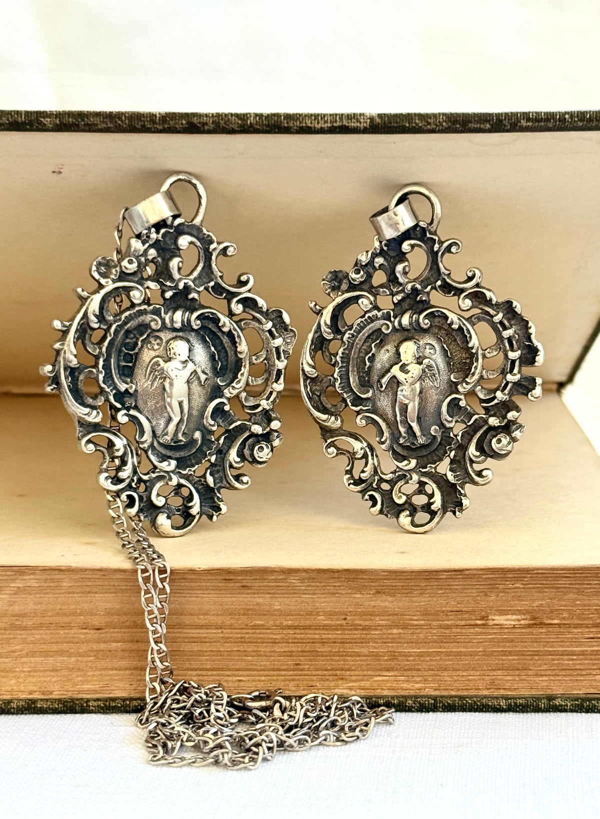 .1896 .925 antique Baroque revival left angel trumpet playing cherub filigree large sterling silver Victorian hallmarked silver pendant