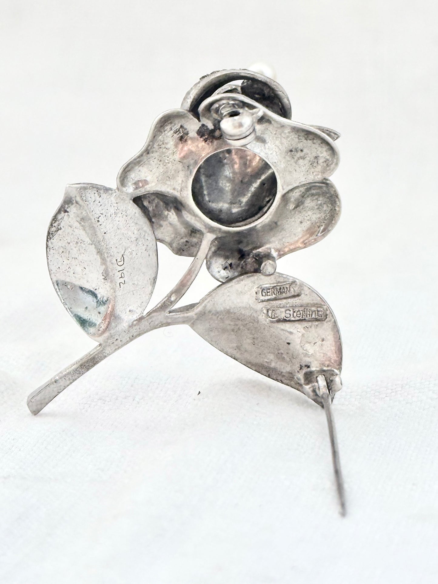 .1940s .1950s .925 silver Theodor Fahrner Mid Century Modern rose flower Art Deco revival renowned German floral romantic sterling silver, pearl and marcasite designer brooch pin