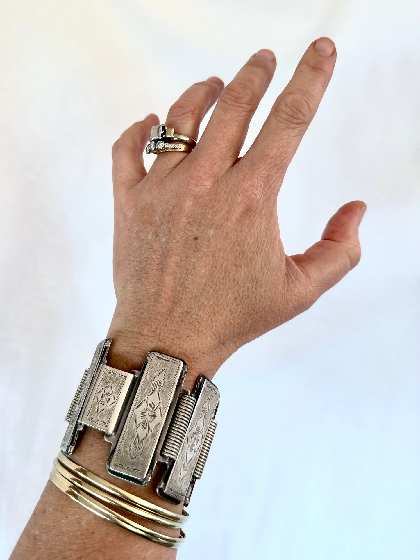 .1880s .1890s .925 Aesthetic Victorian era wide link and solid silver etched panel bracelet