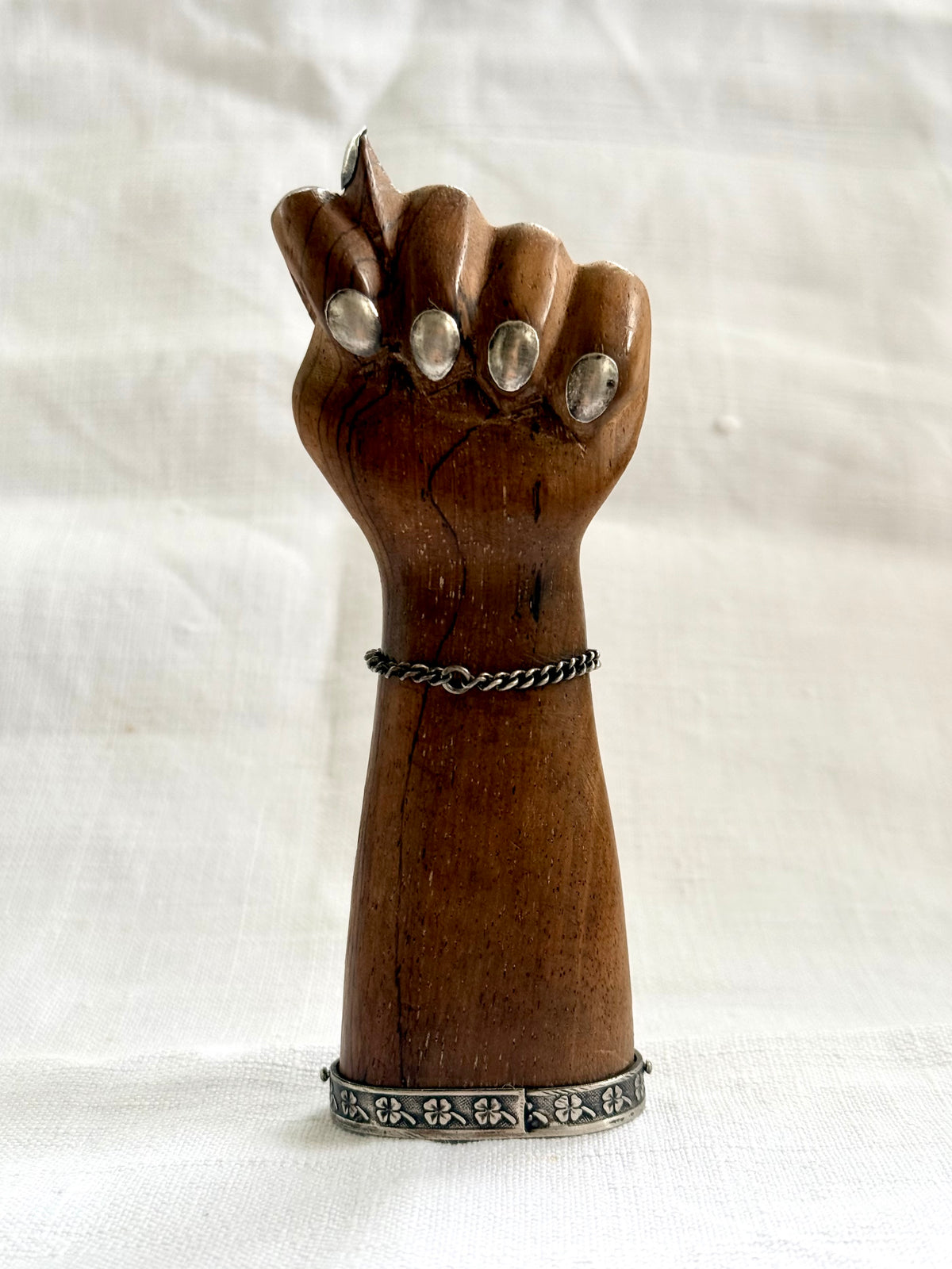 .1950s .900 Brazilian silver hand sculpted large artisan made wooden figa fist lucky token good luck talisman statue