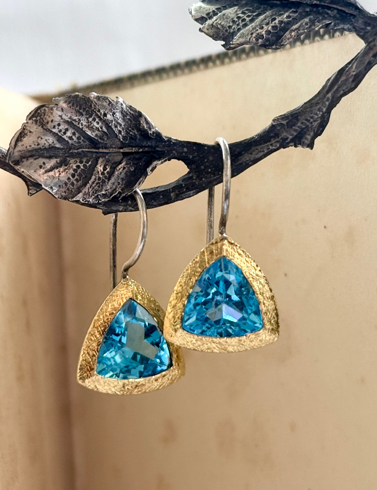 .24k yellow gold 925 silver ANPA artisan made Swiss Blue Topaz Trillion gold silver studio made drop dangle earrings