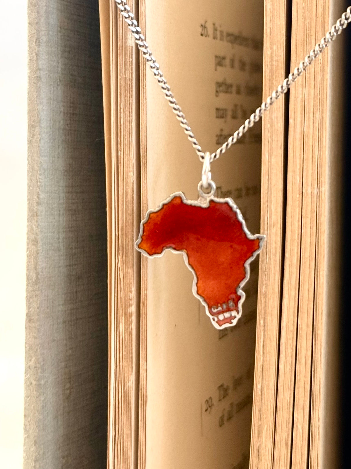 .1930s .1940s .925 Africa map Cape Town red Enamel Thomas L Mott sterling silver African pendant on chain