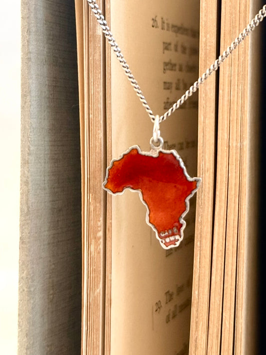 .1930s .1940s .925 Africa map Cape Town red Enamel Thomas L Mott sterling silver African pendant on chain