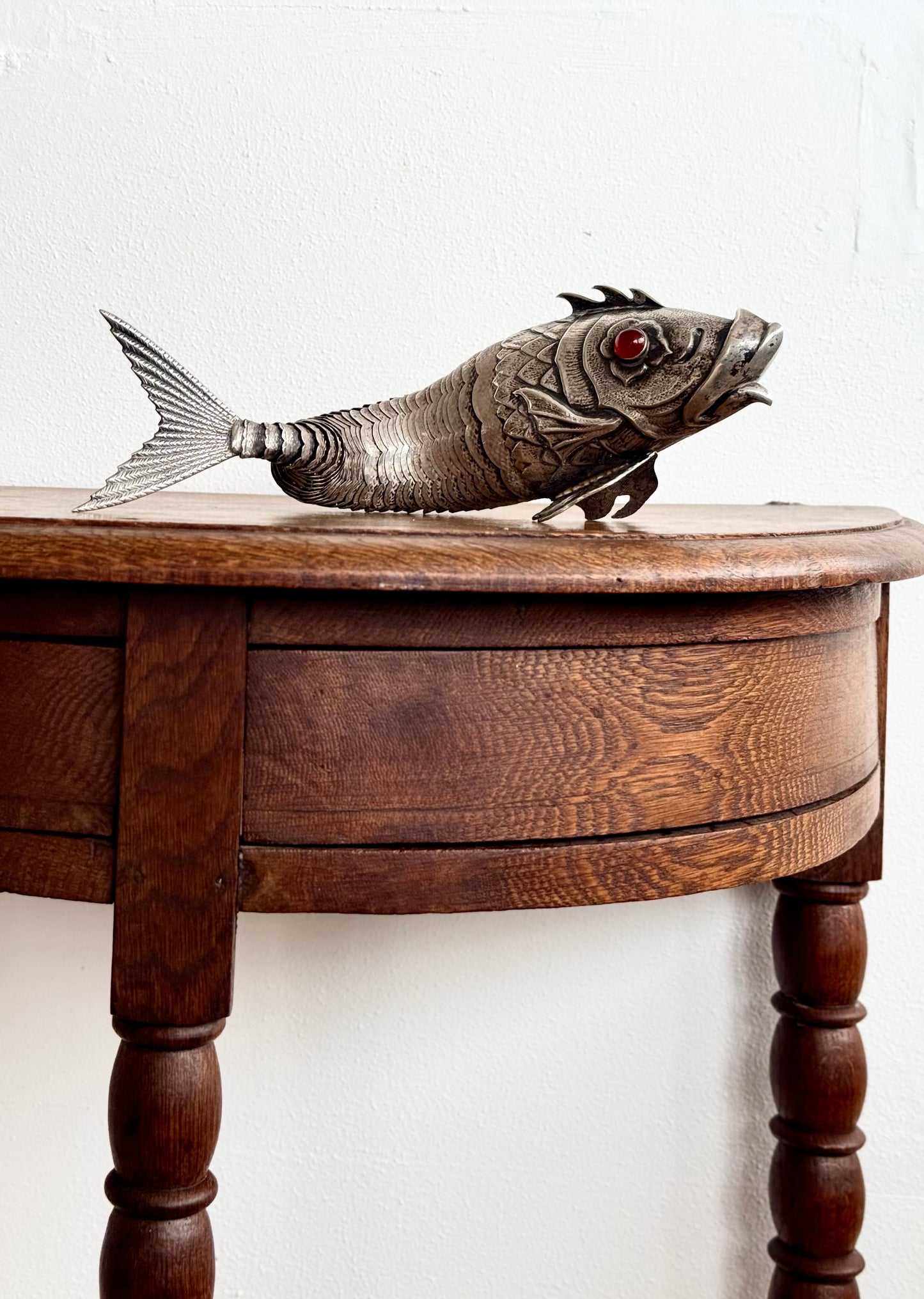 .1940s .915 articulated life sized hand made solid Spanish silver Large and magnificent artisan made Carb Fish rare treasured silver figural art statue
