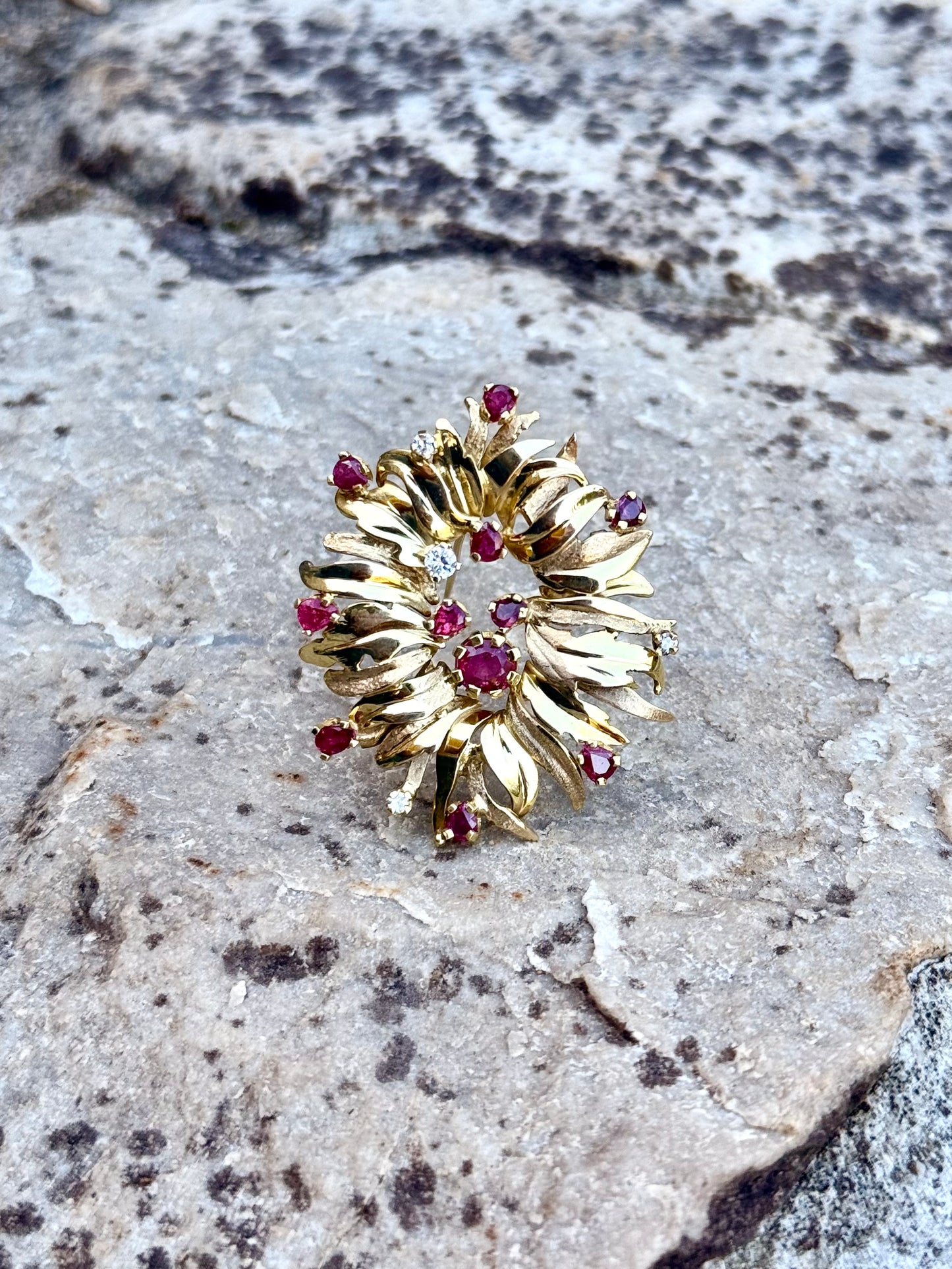 .1960s .1970s .375 gold modernist Diamond and Ruby gemstone heirloom Edelweiss flower spray brooch pin
