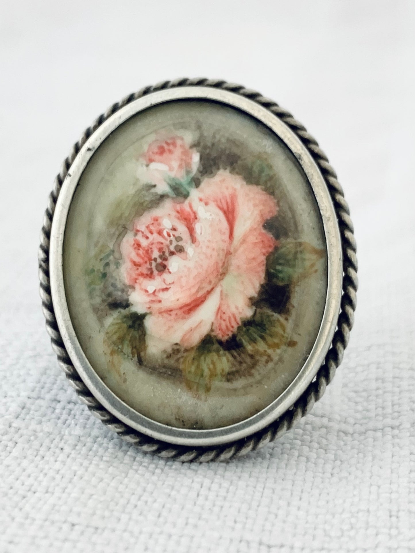 .1940s .800 artisan hand painted miniature Rose flower bloom Italian silver brooch pendant
