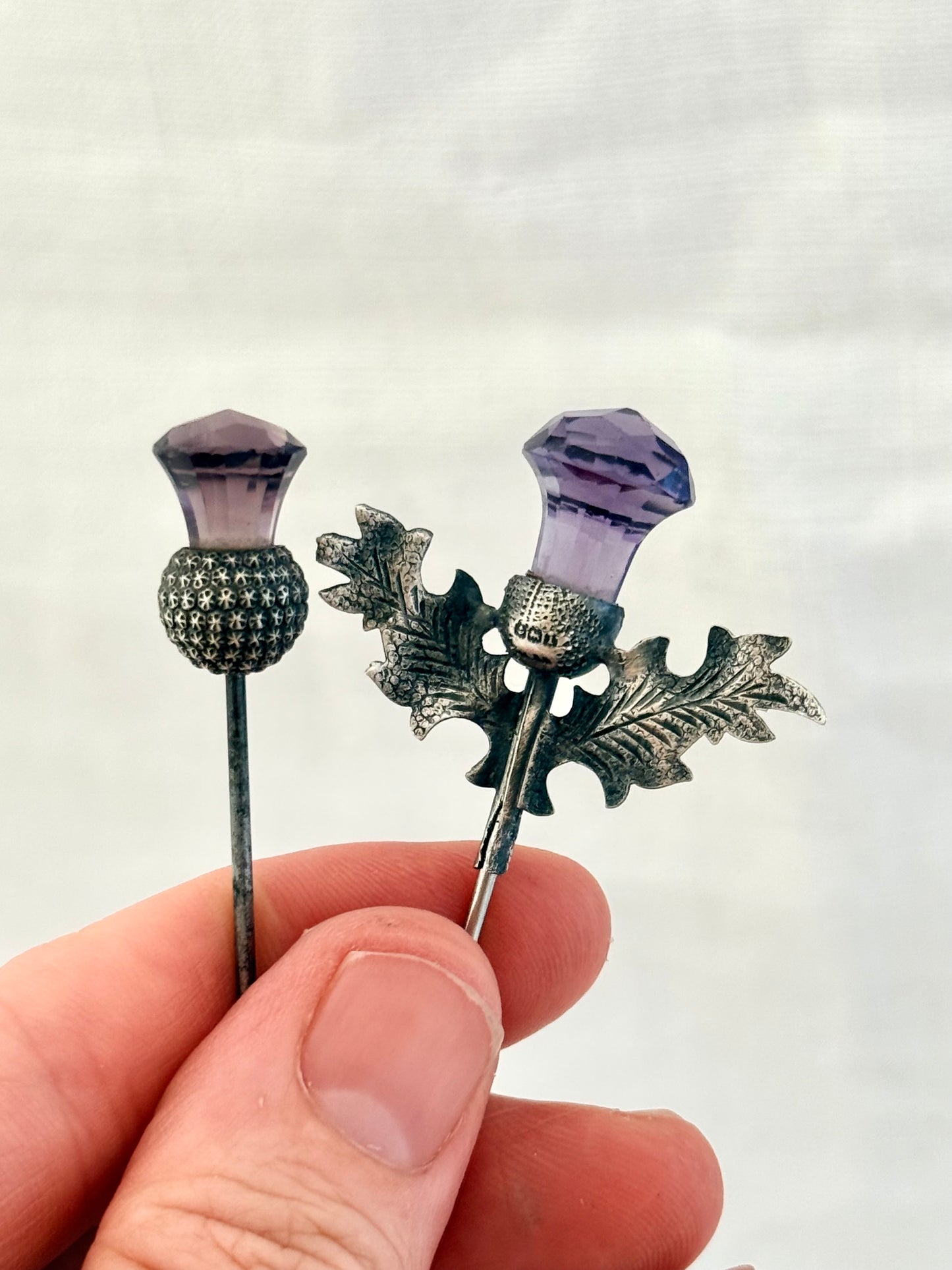 .1910 .925 antique Edwardian Scottish Thistle Amethyst paste gemstone long hatpin collectors heirloom piece