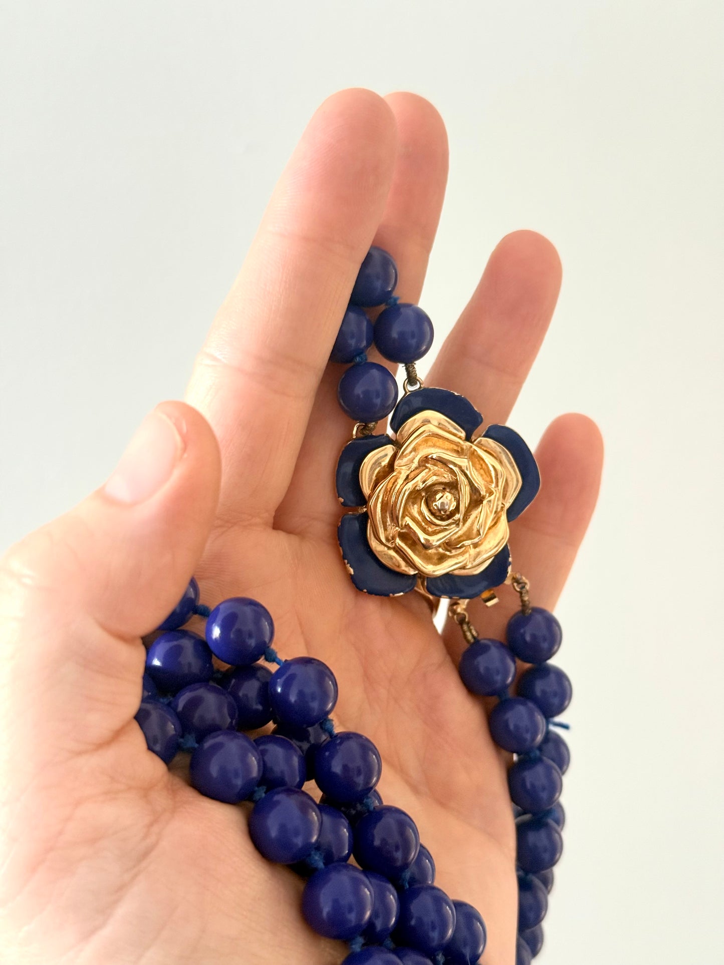 .100cm long .1980s Rare Yves Saint Laurent designer double long strand Lapis Blue Royal Blue Rose Flower gold tone floral clasp costume accent necklace