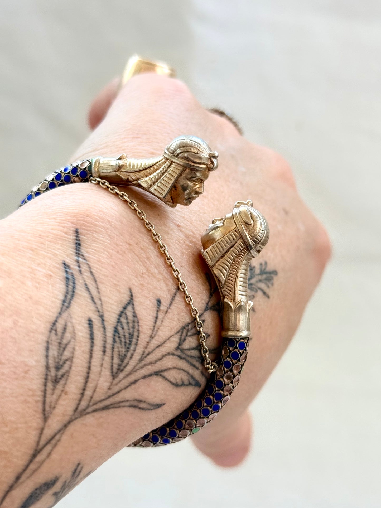.1920s .935 antique Art Deco rare find Egyptian revival French silver enamel articulated Pharaoh figural heirloom treasure art bangle
