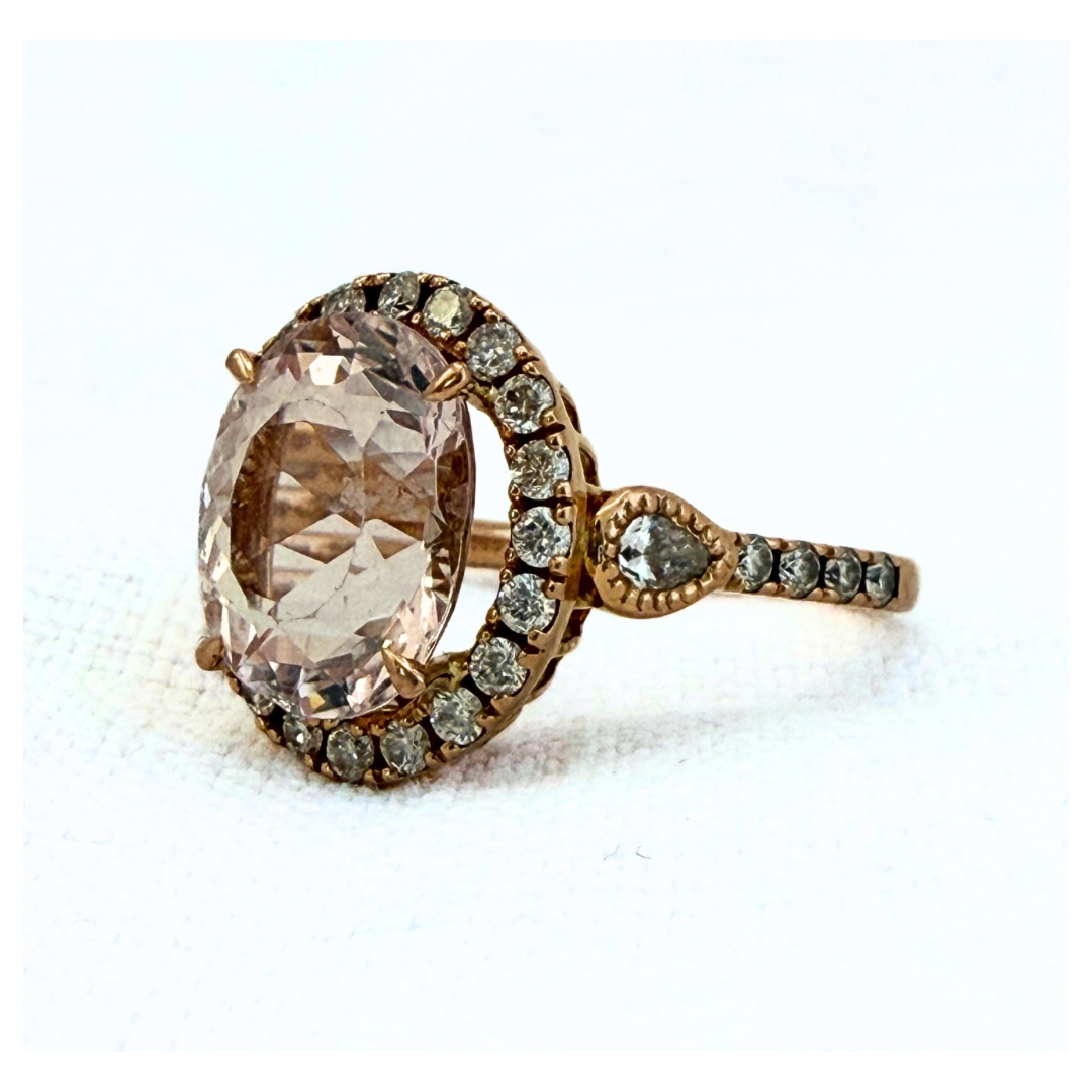 0.85ct 30 Diamond and Browns designer large Oval Pink Morganite gemstone 18ct luxury gold halo ring