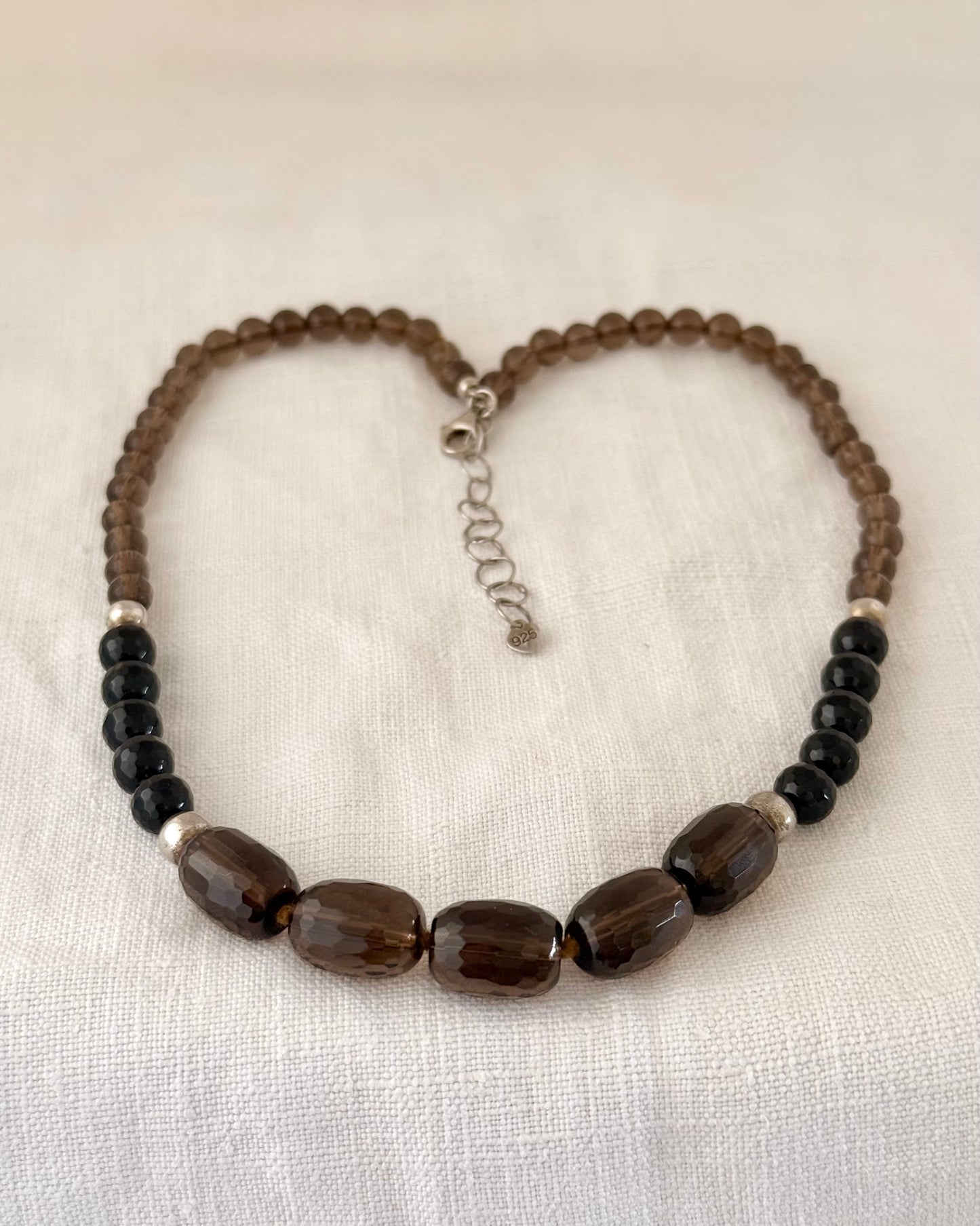 .925 Smokey Quartz and Onyx gemstone luxury Birmingham silver hallmarked faceted bead necklace