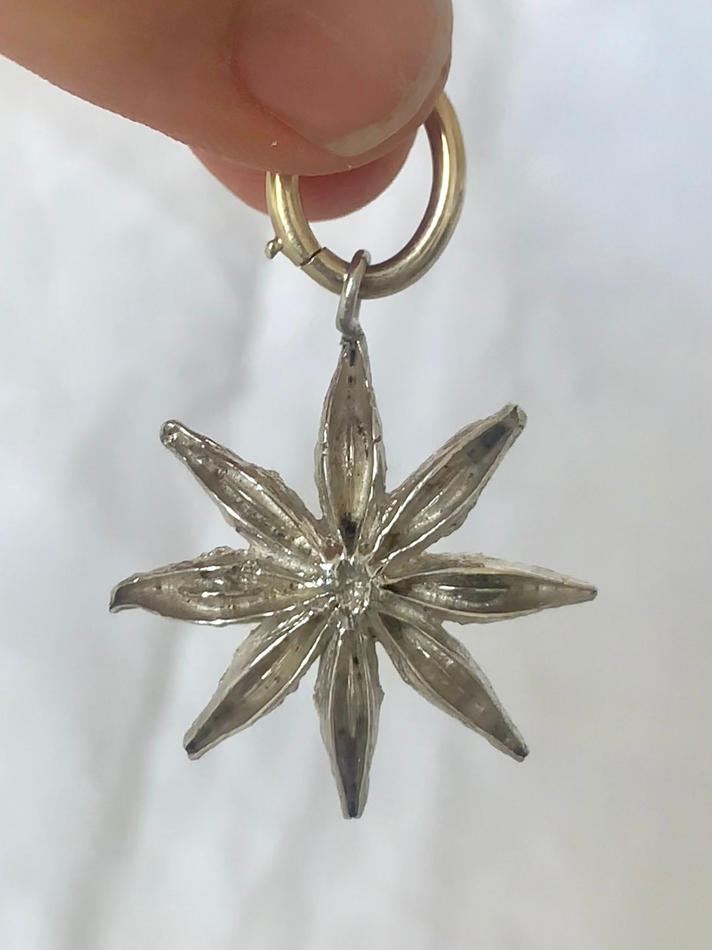 .925 artisan made Star Anise seed pod cast flower shape silver pendant