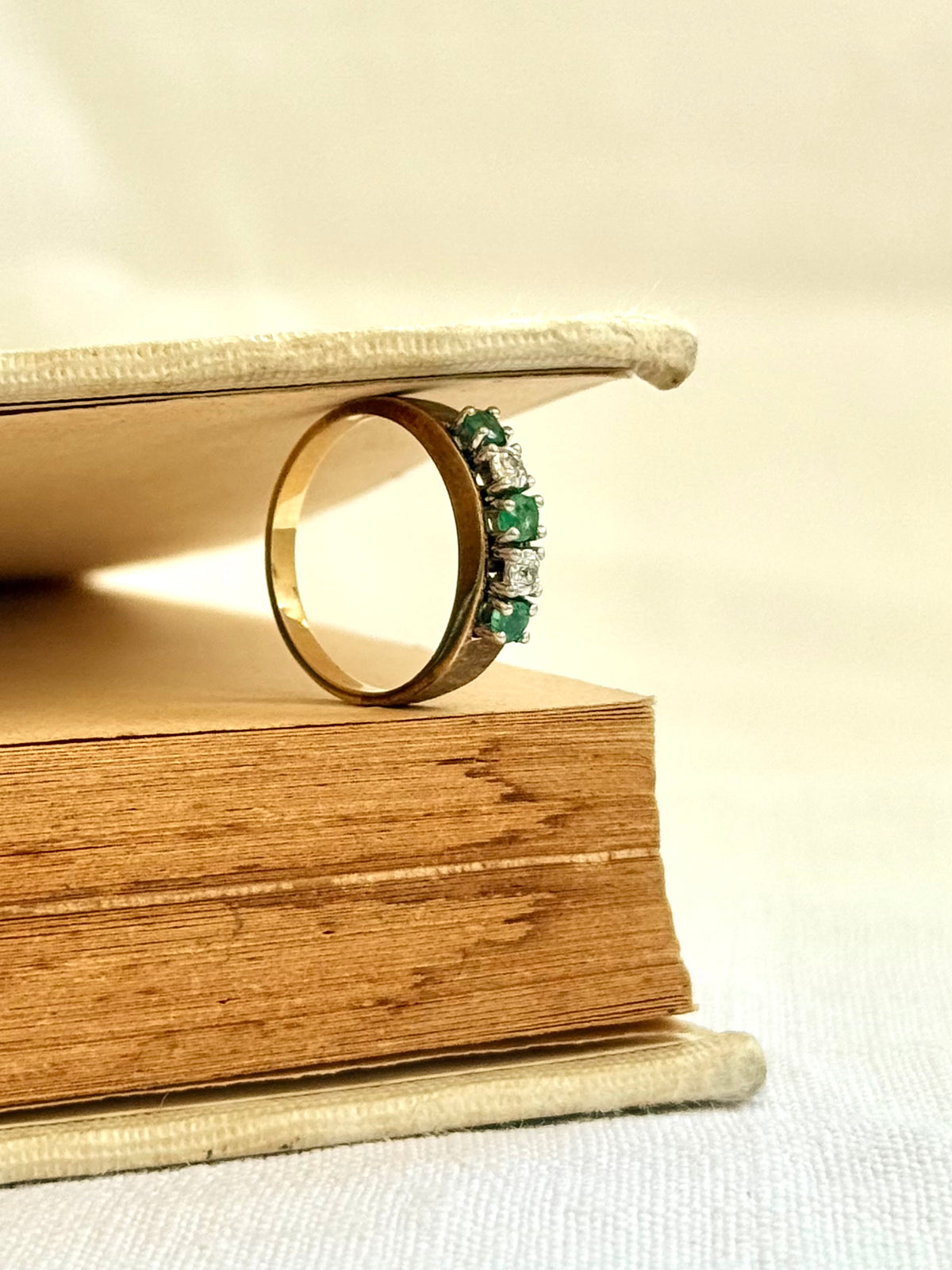 14k .1960s .1970s 3 Emeralds 2 Diamonds 5 precious gemstones high carat modernist brutalist half eternity ring band