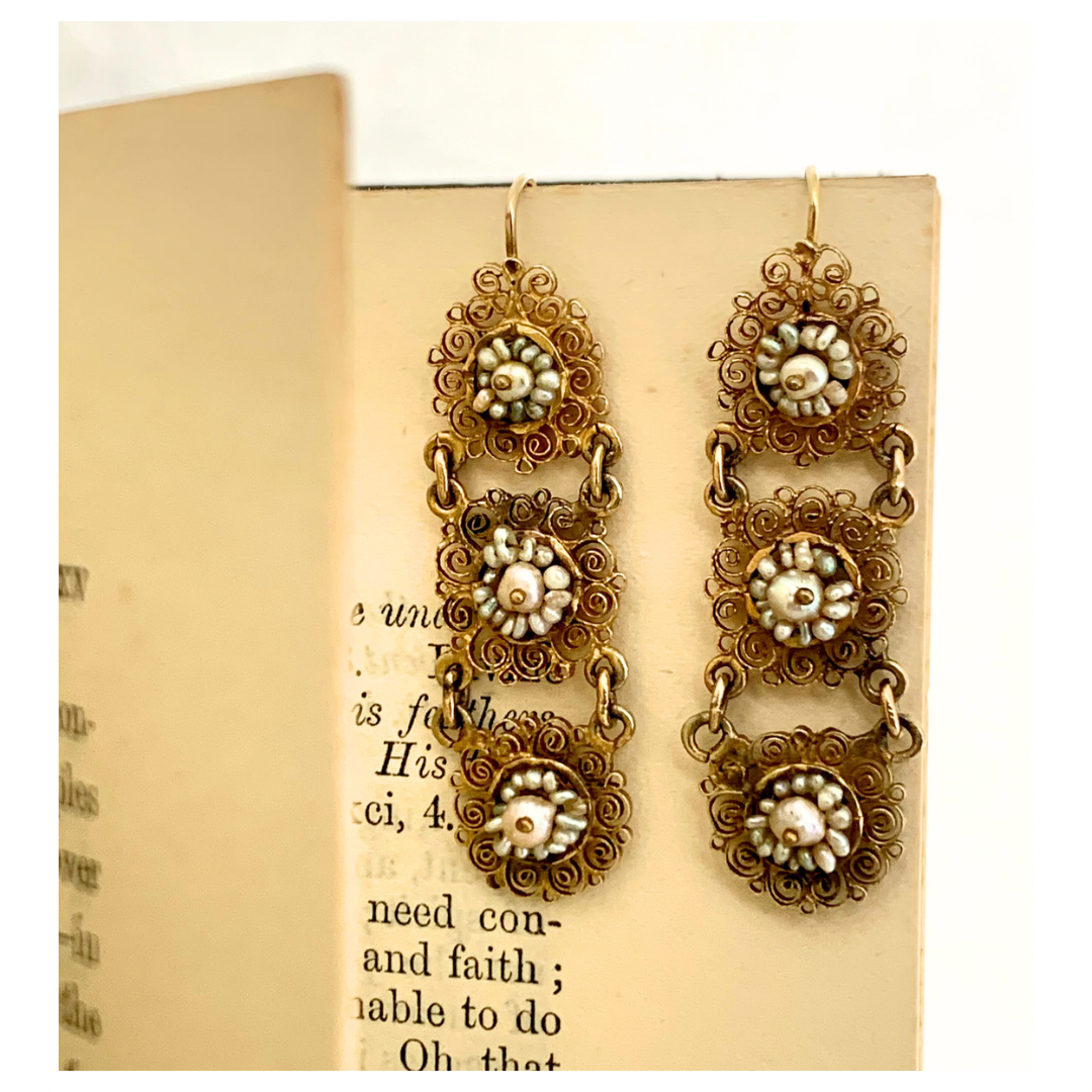 .1800s .1820s early rare Collectors find Early Georgian era Sicilian Italian antique gold and pearl highly sought after fine high carat gold filigree dangle estate find earrings.