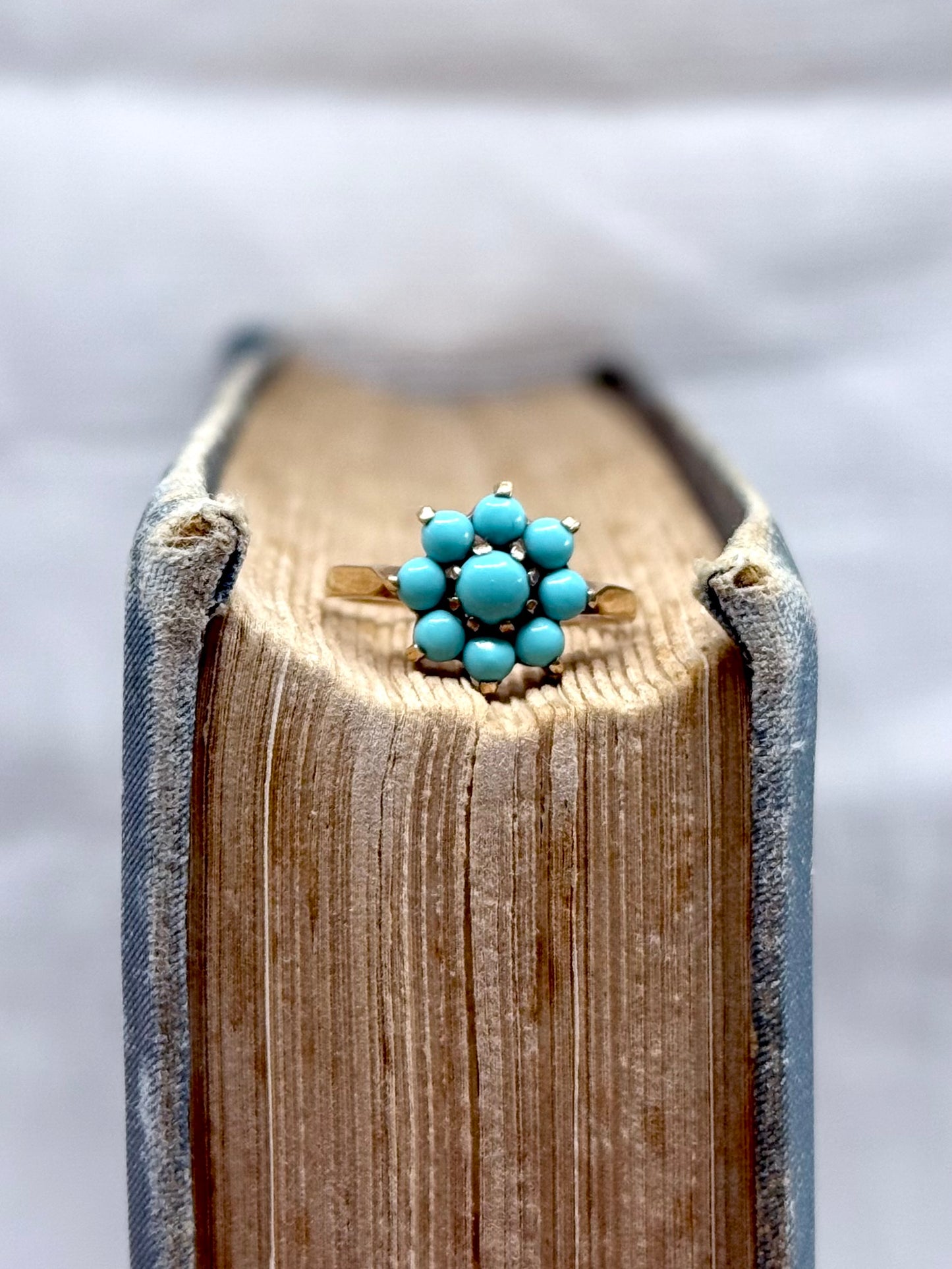 .375 .9ct gold cluster turquoise flower classic precious gemstone gold ring