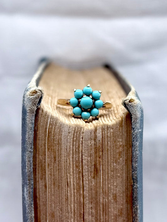 .375 .9ct gold cluster turquoise flower classic precious gemstone gold ring