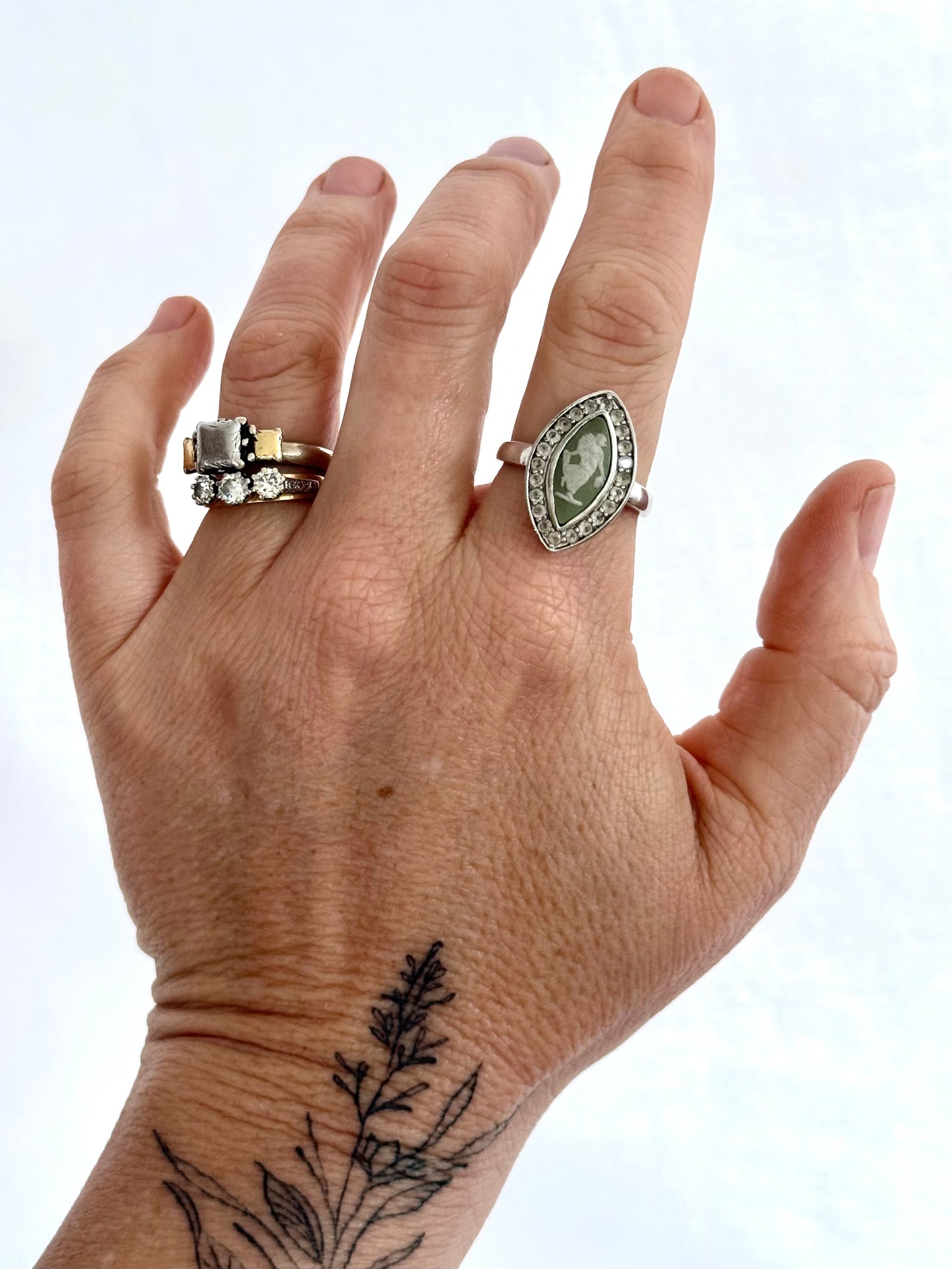 .1970s .925 dancing dame Grecian style moss green Jasperware high relief Wedgwood cameo set into modernist clear gemstone naiveté sterling silver dress ring