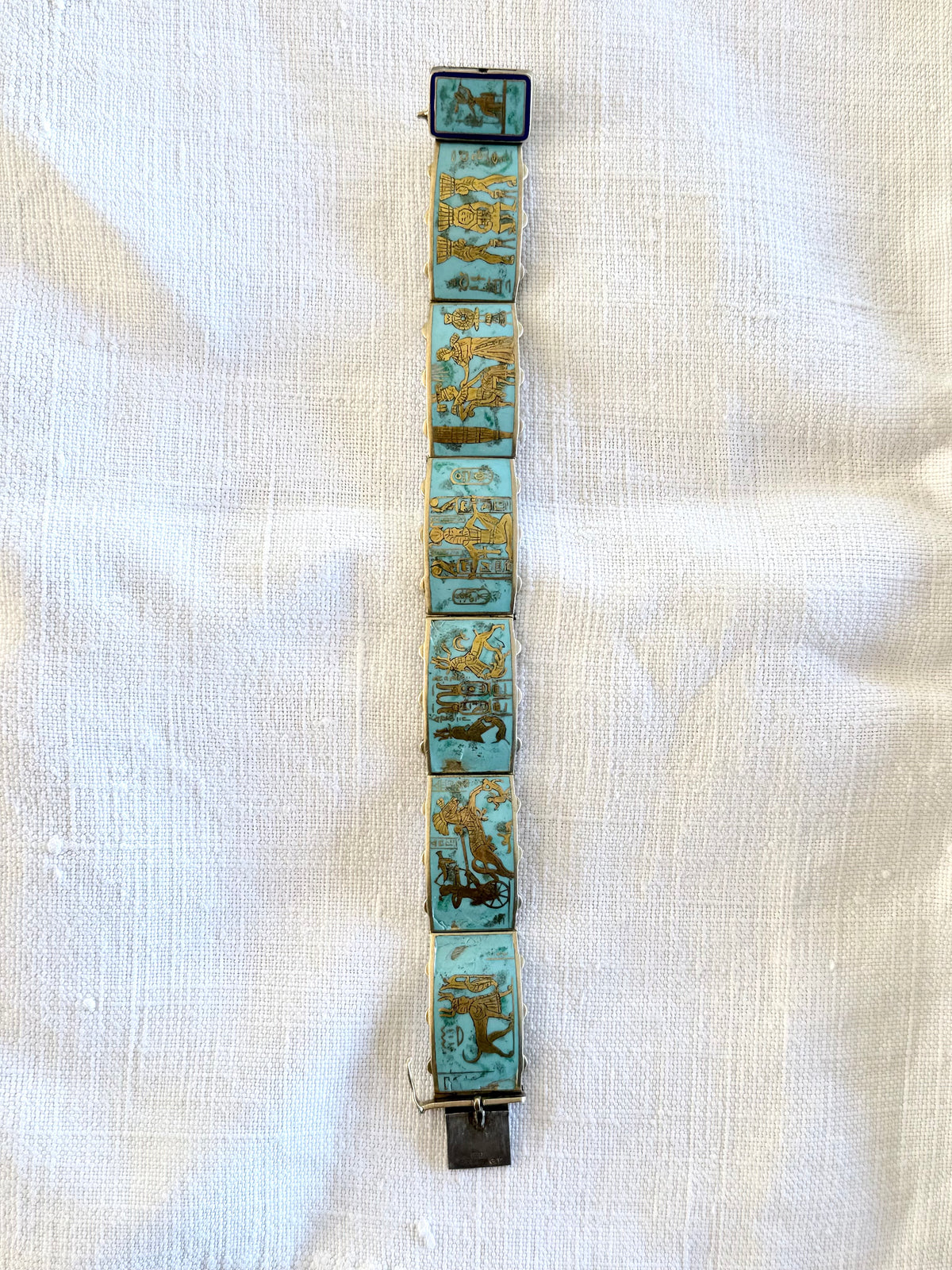 .1920s .935 Egyptian silver rare desired Egyptian revival gold gilded turquoise enamel 6 panel pictorial Pharaoh Egyptology enamel silver gold bracelet