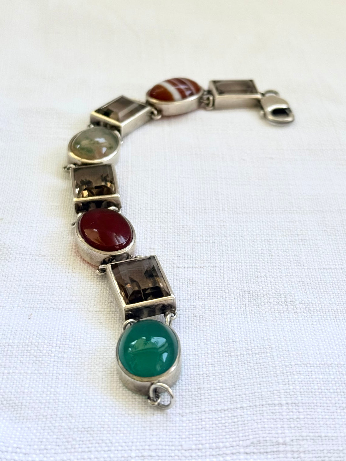 .1990s .2000s .8 stone .925 silver chunky statement artisan made Modernist gemstone links segment bracelet