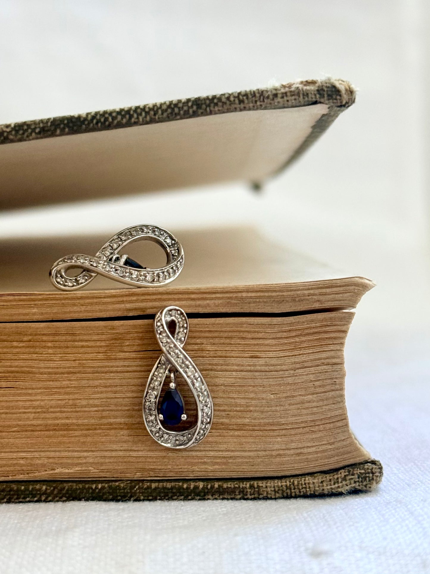 .375 .42 diamond .2 sapphires .9ct white gold infinity teardrop luxury post stud dangle diamond and sapphire push in earrings