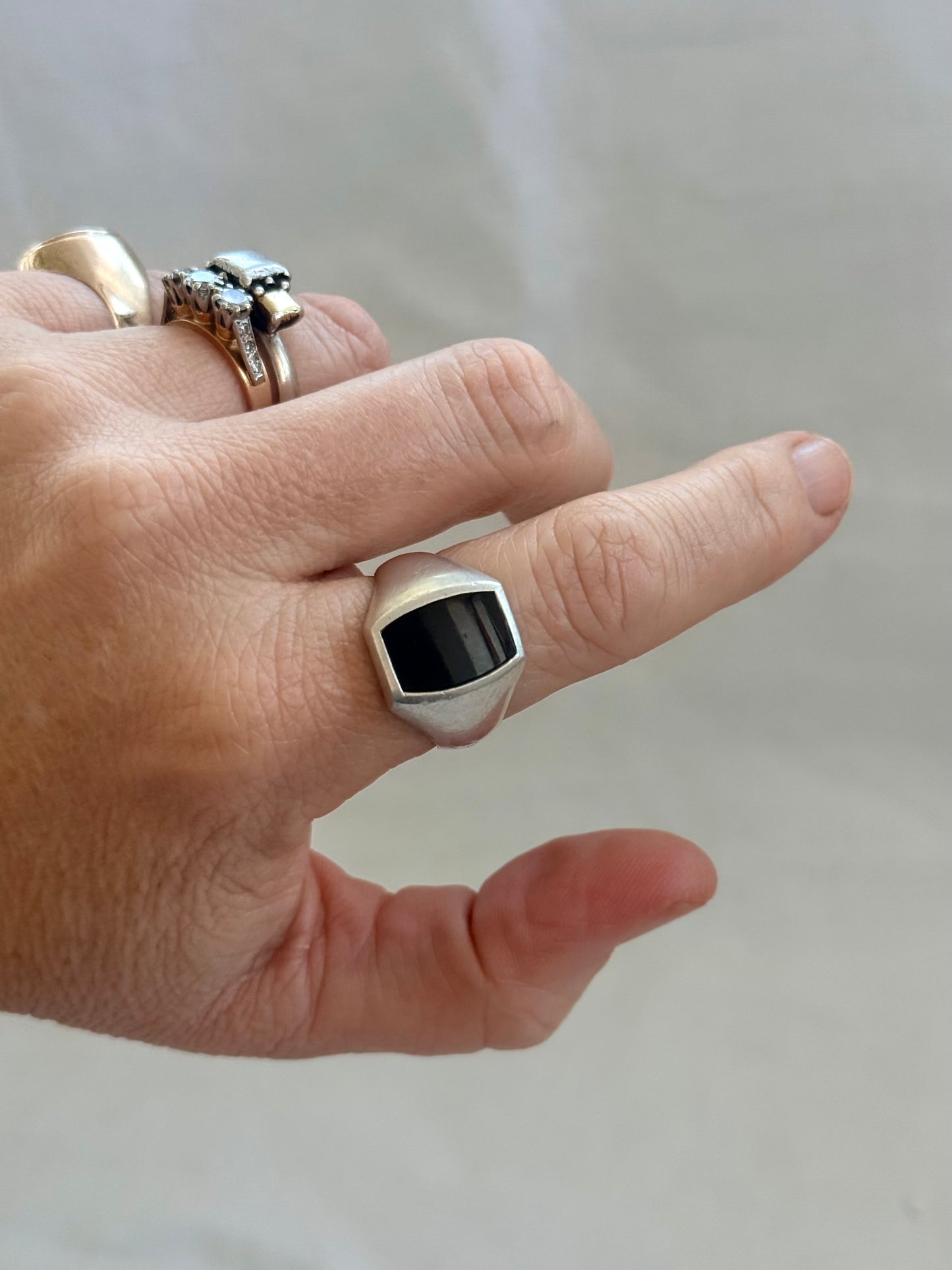 .1970s .925 modernist South African designer Onyx gemstone sterling silver signet seal ring