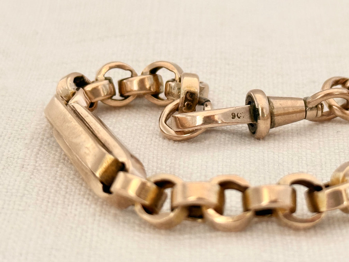 .1890s .1900s .9ct antique chunky gold fancy link double paper clip link fob chain with oversized T bar bracelet