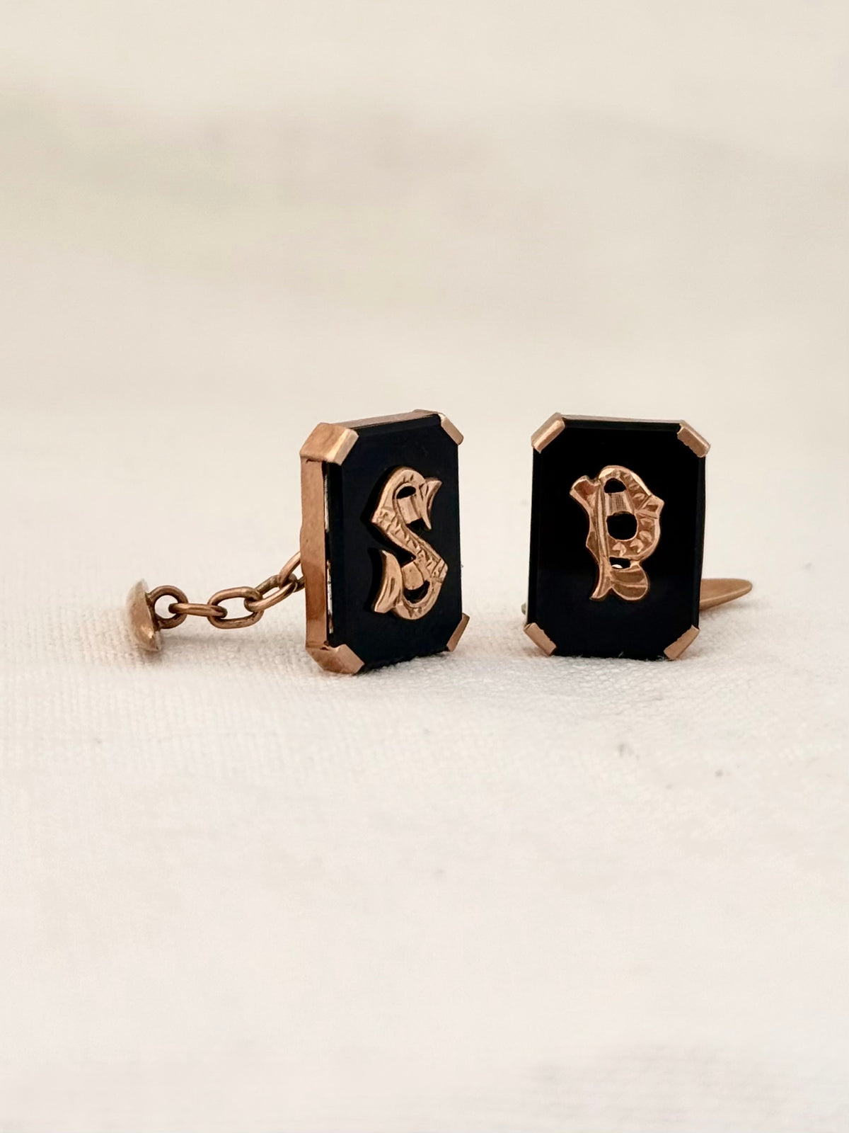 .1900s .1920s .375 .9ct Art Deco Rare antique Rose Gold and Onyx gemstone signet initial S & P cufflinks