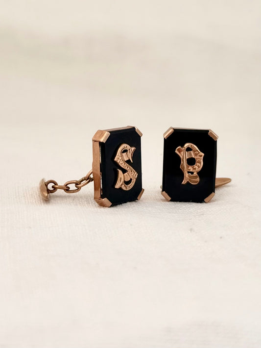 .1900s .1920s .375 .9ct Art Deco Rare antique Rose Gold and Onyx gemstone signet initial S & P cufflinks