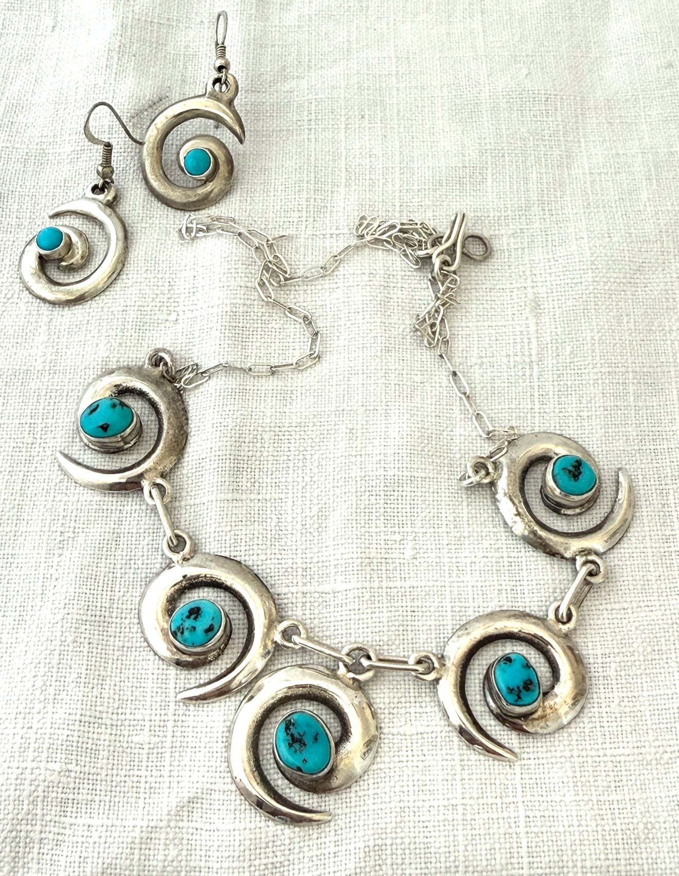 .1970s .925 artisan made designer Navajo silversmith turquoise silver swirl pattern necklace and designer Mildred Parkhurst earring set