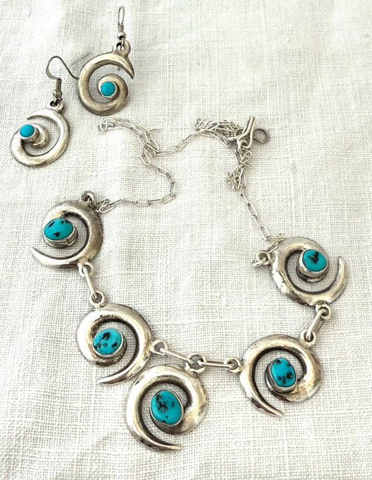 .1970s .925 artisan made designer Navajo silversmith turquoise silver swirl pattern necklace and designer Mildred Parkhurst earring set