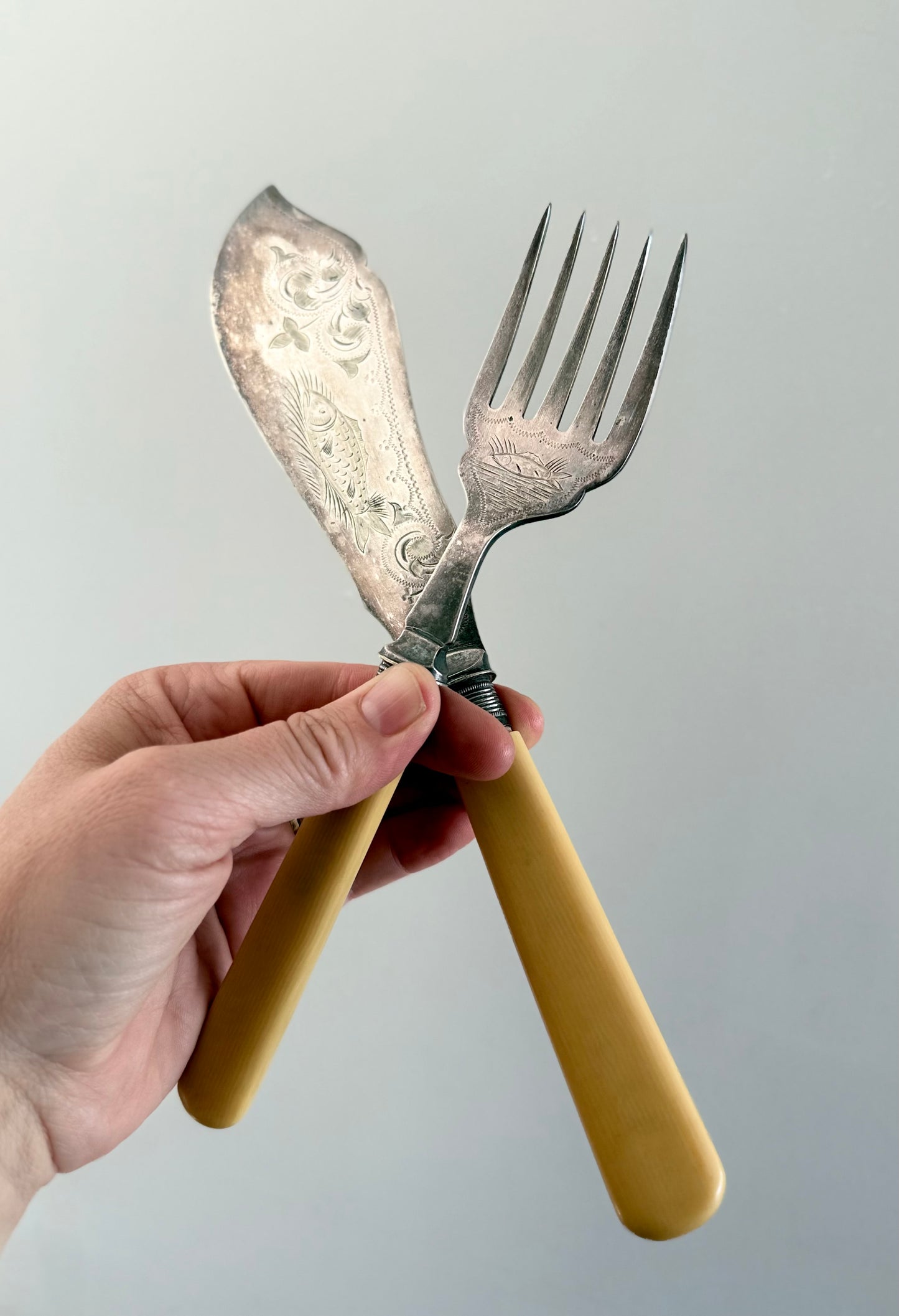 .1902 Antique Art Nouveau old world Fish Server Knife and Fork sterling silver and Silver Plated serving set