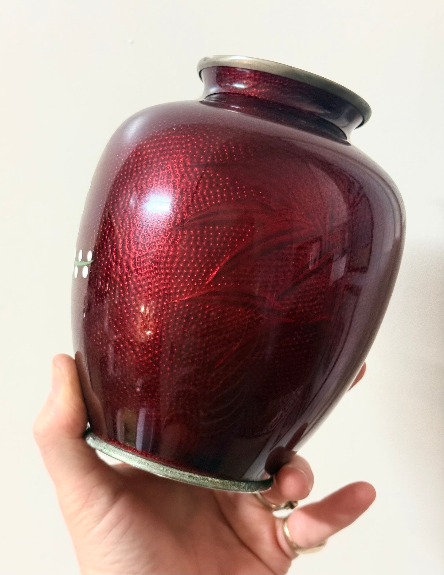 .1900s .1960s authentic Oriental fine Japanese collectors Cloisonne Ginbari floral Pigeon Blood red Akusake Enamel Ginger vase large flower vase