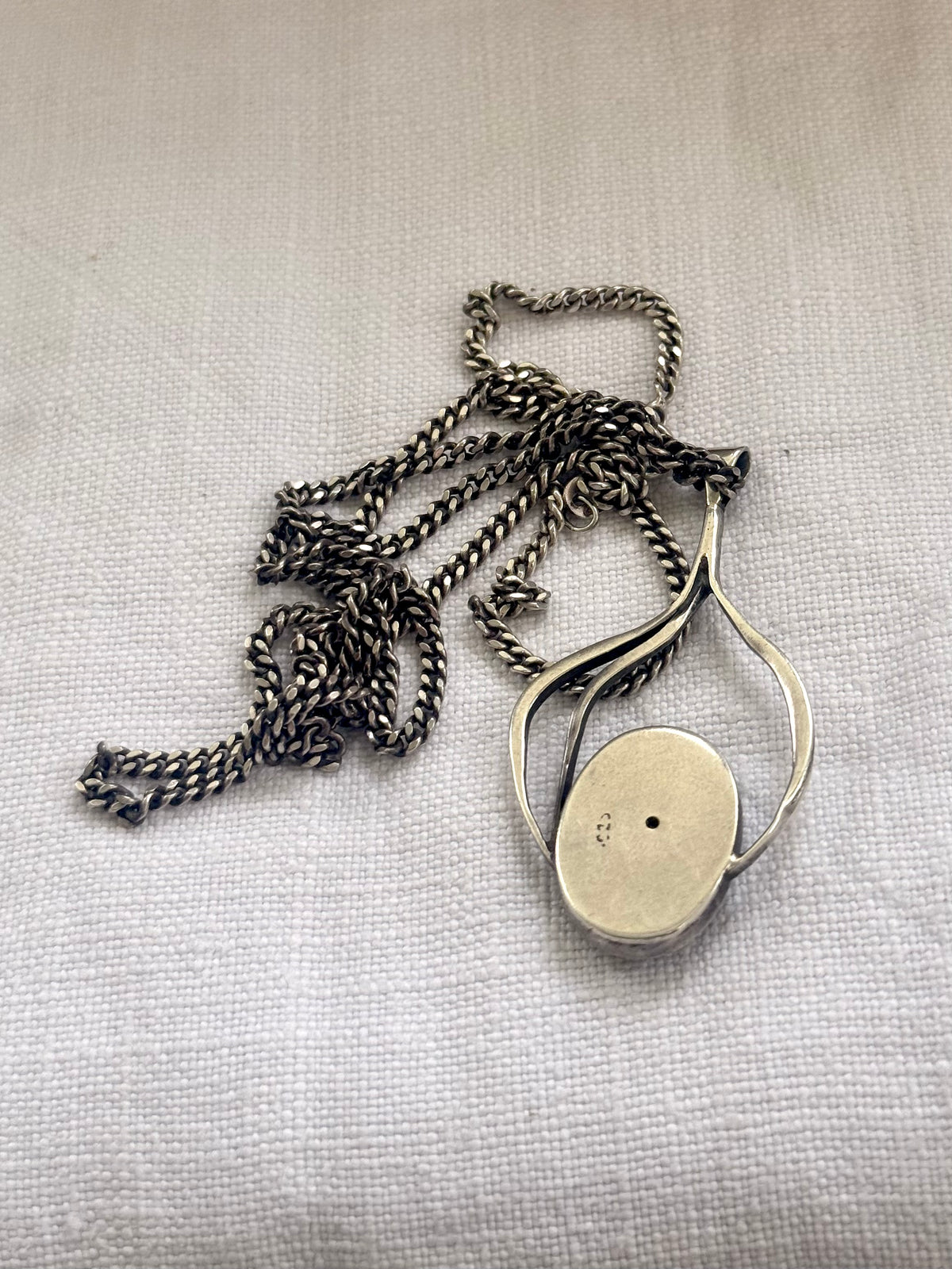 .1970s .925 modernist Blue Galaxy Opal gemstone pendant on solid retro flat curb chain necklace