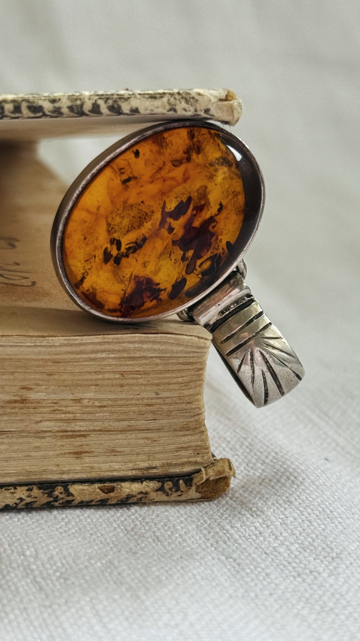 .925 Amber gemstone Artisan made modernist geometric shaped boho tribal style large Amber gemstone silver pendant